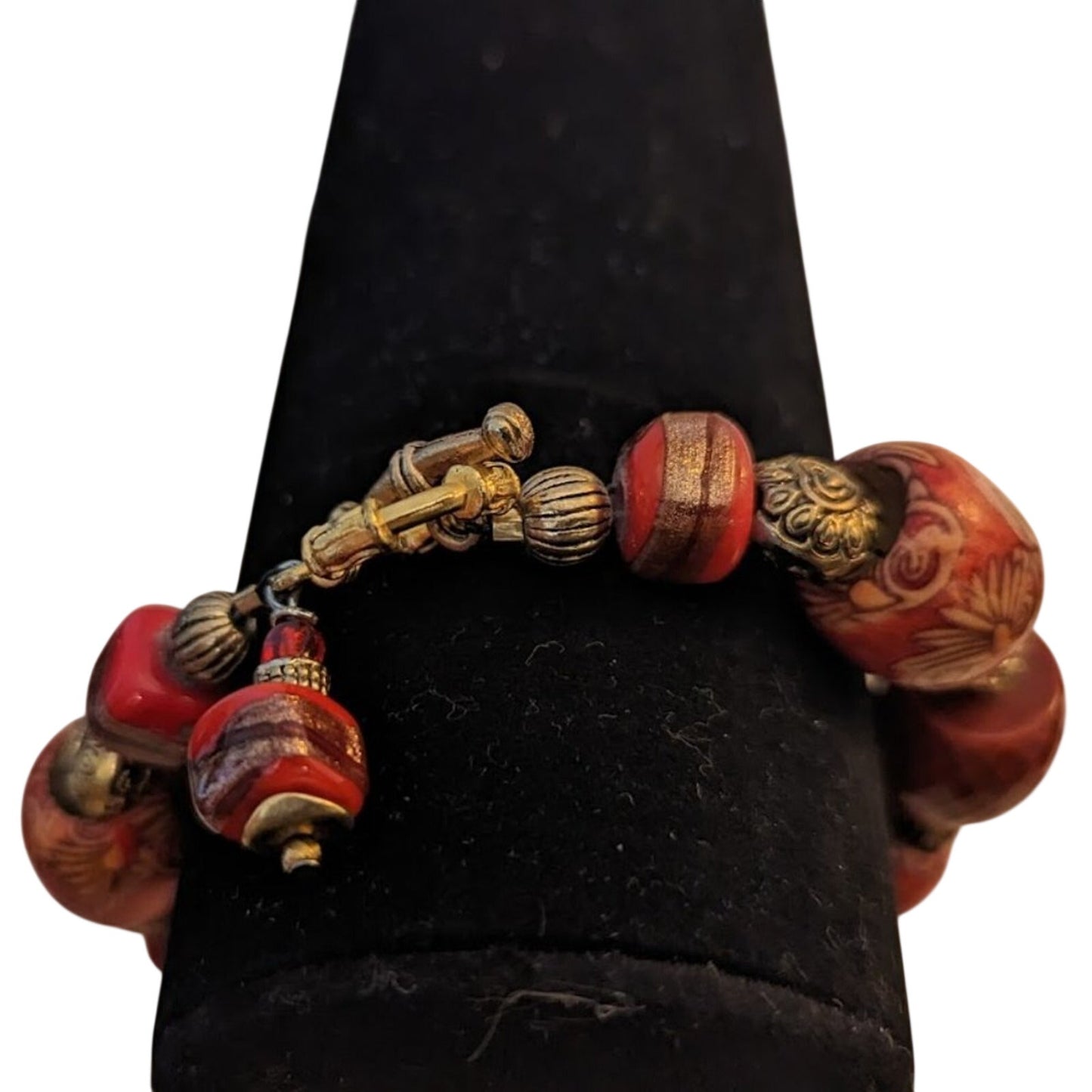 Orange Chunky Gold Tone Multi-Bead Fancy Toggle Dangle Bracelet