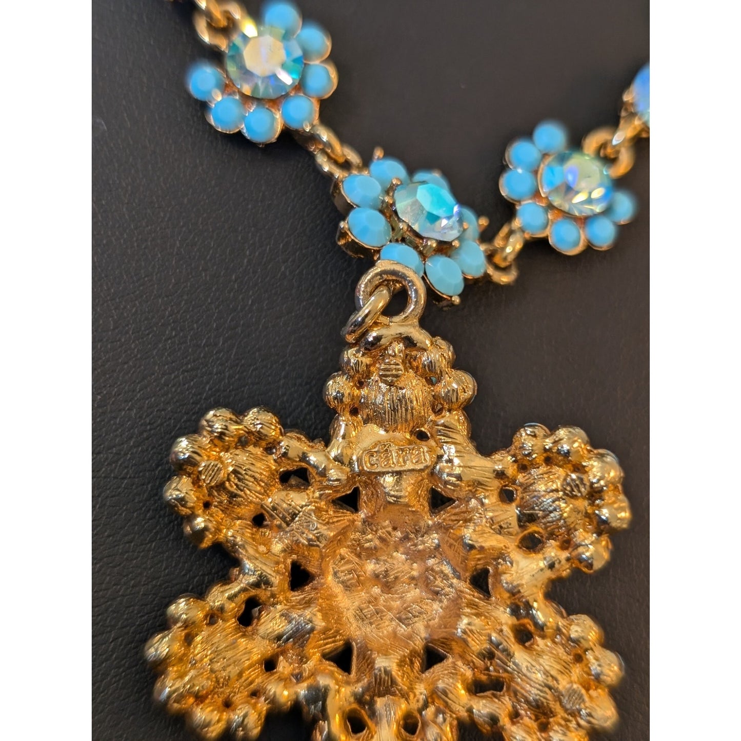 Authentic Cara Blue AB Crystal Gold Tone Pendant 16" - 20.5" Necklace