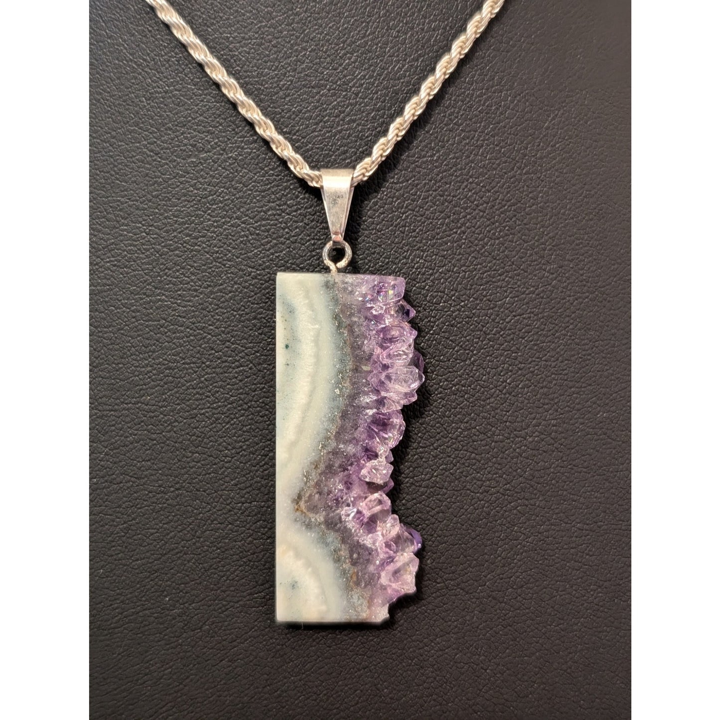 925 Sterling Amethyst Slice Crystal Pendant on Sterling Silver Rope Chain