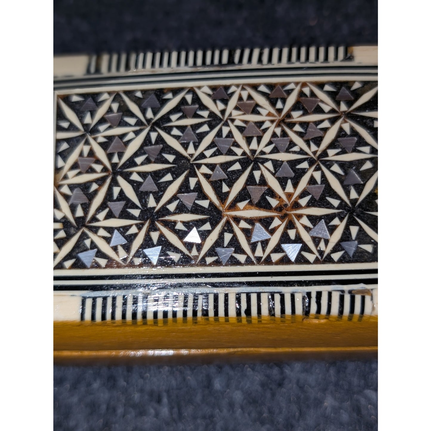 Vintage Egyptian Inlaid Wood Mother of Pearl Hinged Trinket Box Velvet Lining