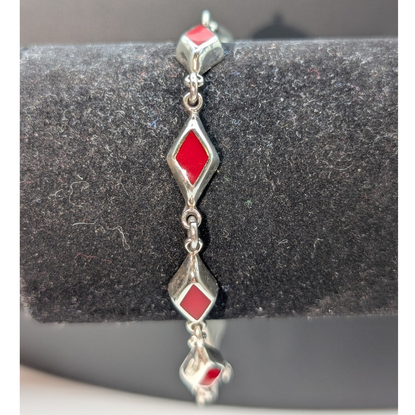 925 Sterling Silver Mexico Red Coral Inlay Diamond Shape Link Box Clasp Bracelet