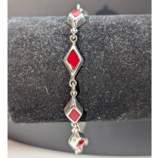 925 Sterling Silver Mexico Red Coral Inlay Diamond Shape Link Box Clasp Bracelet