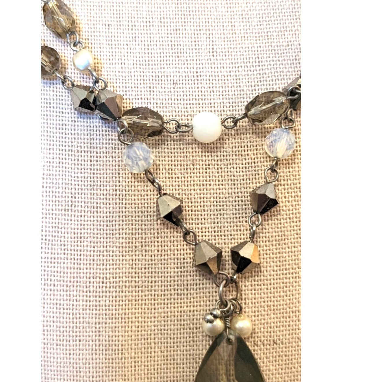 Double Strand Crystal Glass Beaded Faux Pearl Chain Necklace W/ Teardrop Pendant
