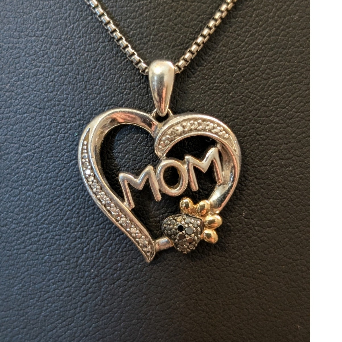 1/20 CT TW Enhanced Black & White Diamond MOM Paw Print Heart 925 10K Necklace