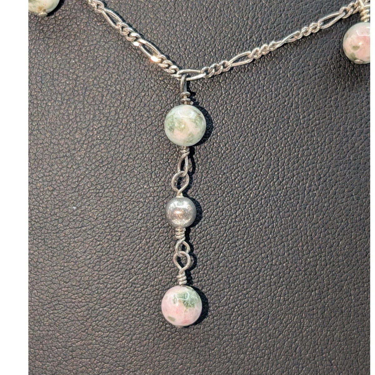 Vintage 925 Sterling Silver Unakite Dangle Bead Figaro Chain Link 19.5" Necklace