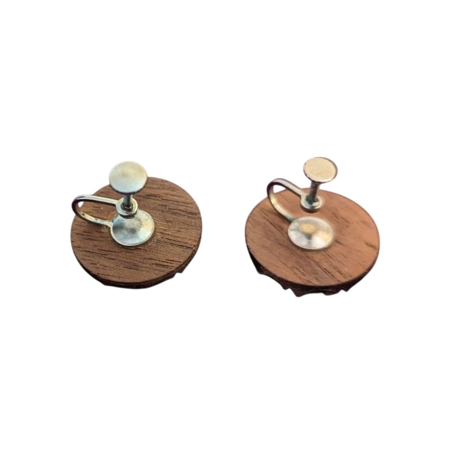 Vintage Wood Carved Cameo Man & Woman Screw Back Earrings