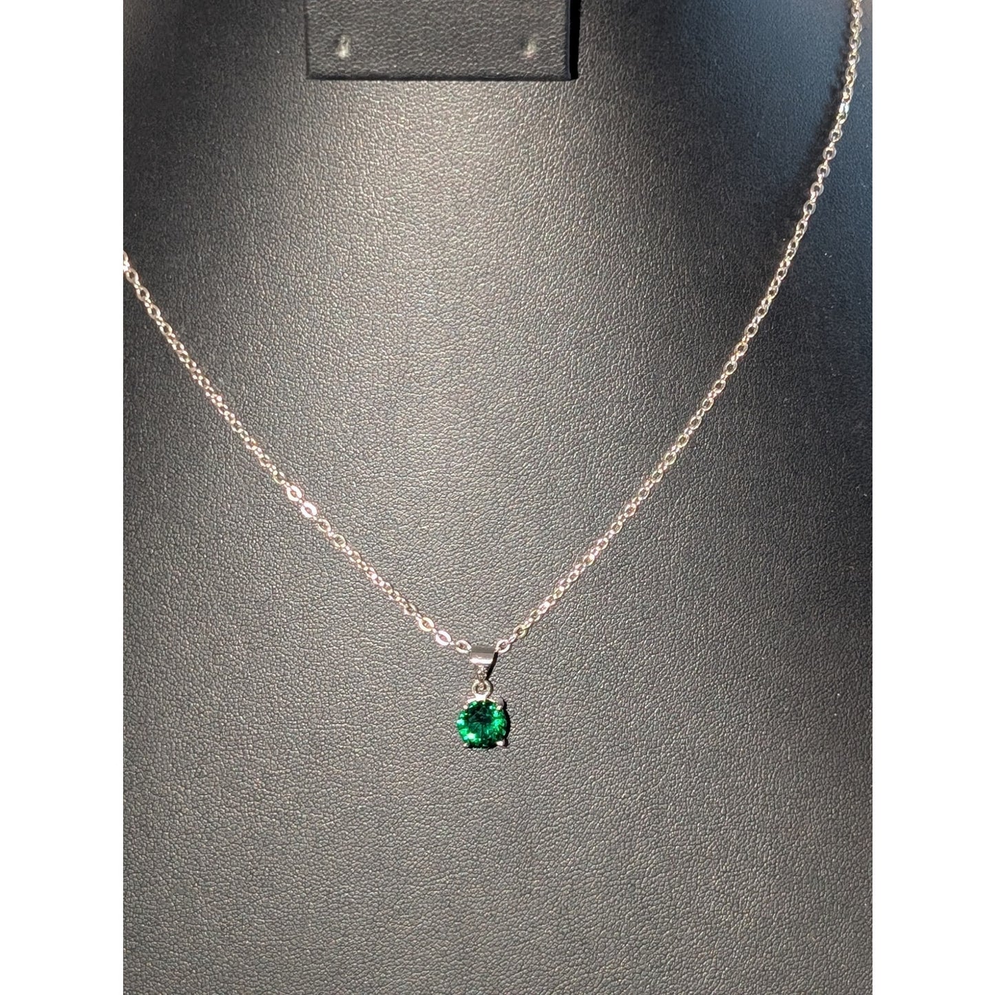 925 Sterling Silver Green Crystal Solitaire Pendant 16" Chain Necklace