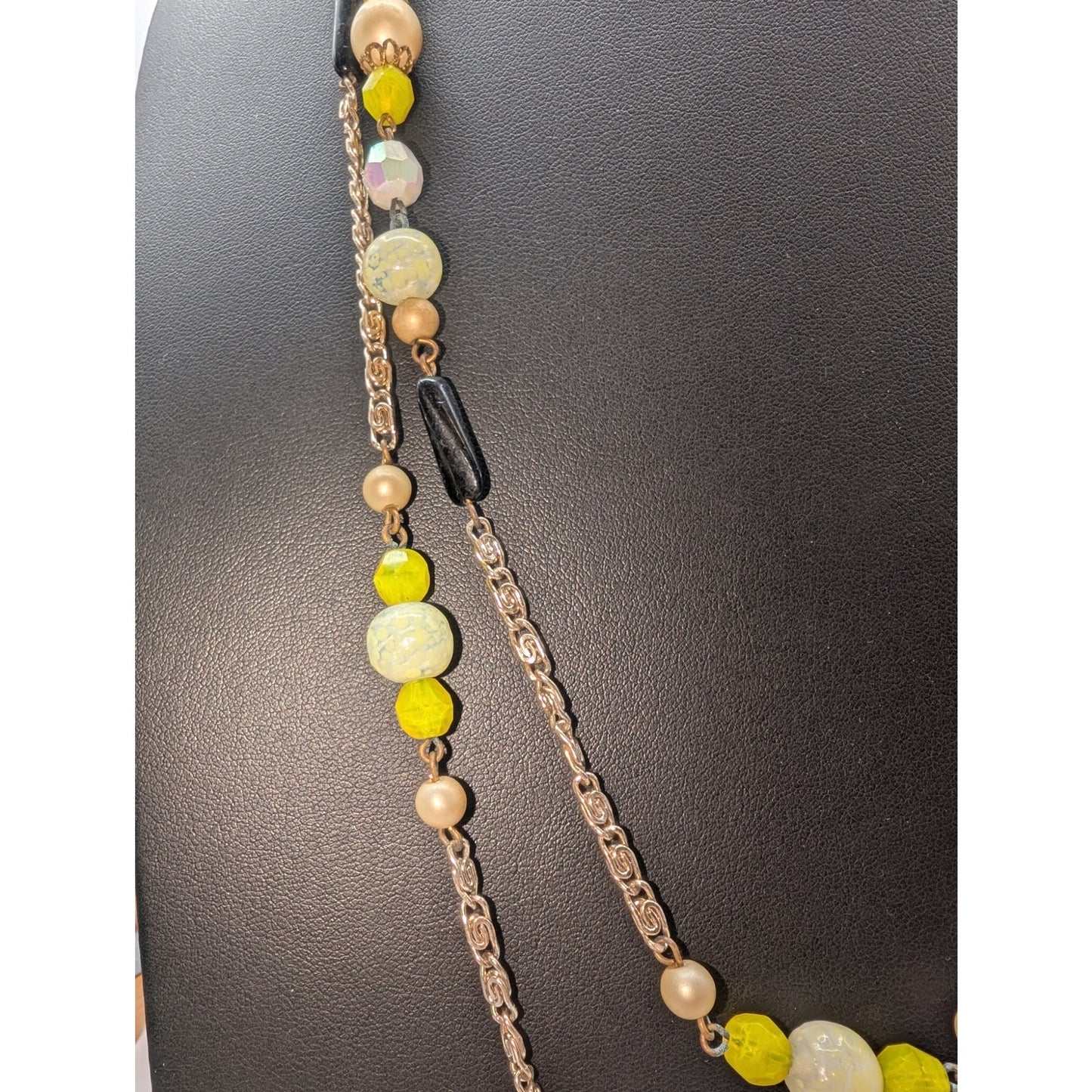 Vintage Black Yellow Cream White Beaded Station Chain Long 60" Necklace