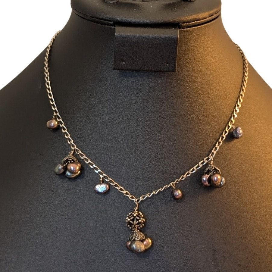 Vtg 925 Sterling Genuine Freshwater Peacock Pearl Dangling 15-16.5" Necklace