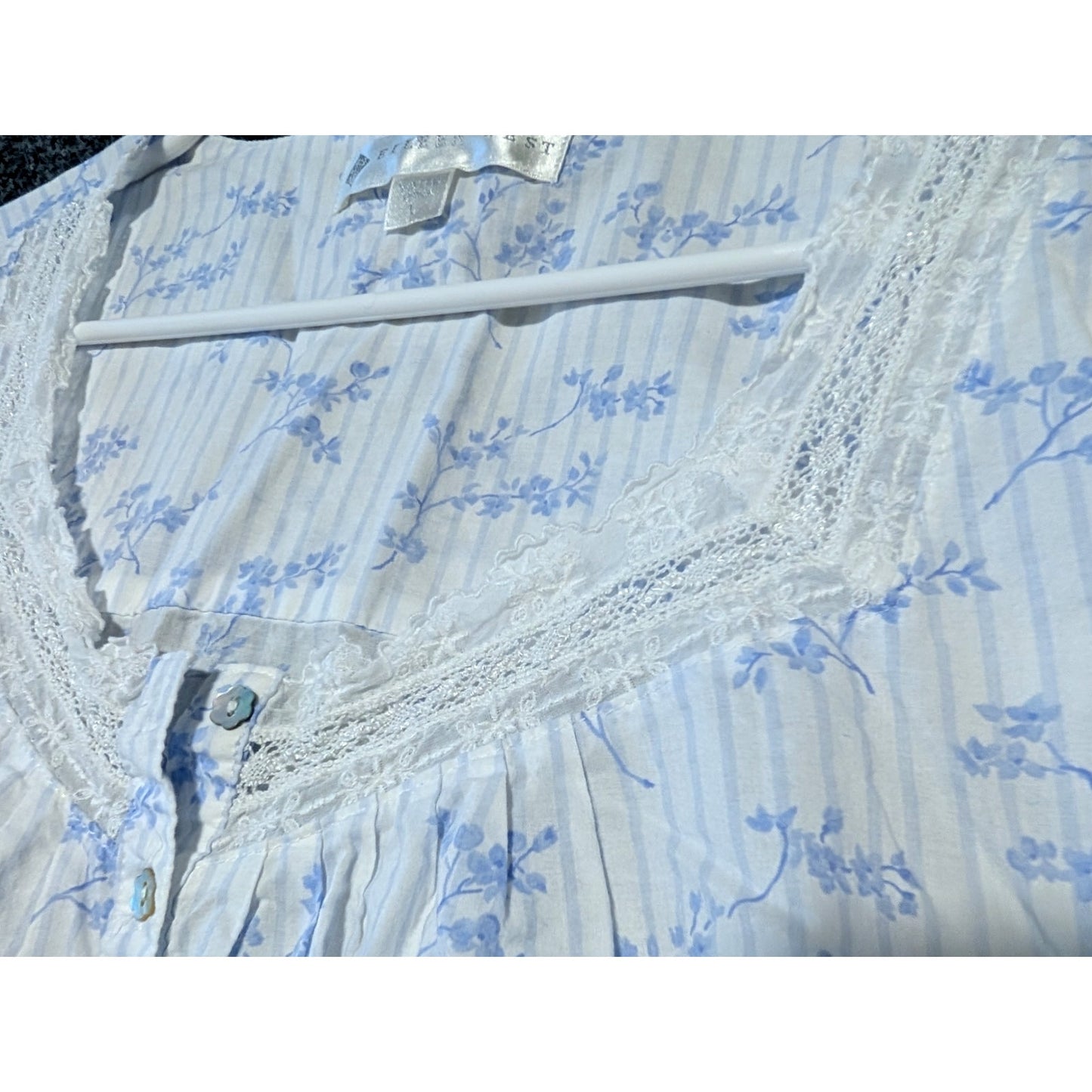 Eileen West Blue Stripe Floral Cotton Button Front 3/4 Sleeve Lace Sleepwear L