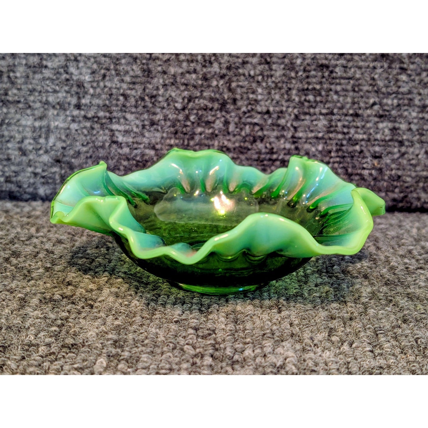 Vintage Green Opalescent Ruffled Edge Fenton Art Glass Bowl -- Read Description