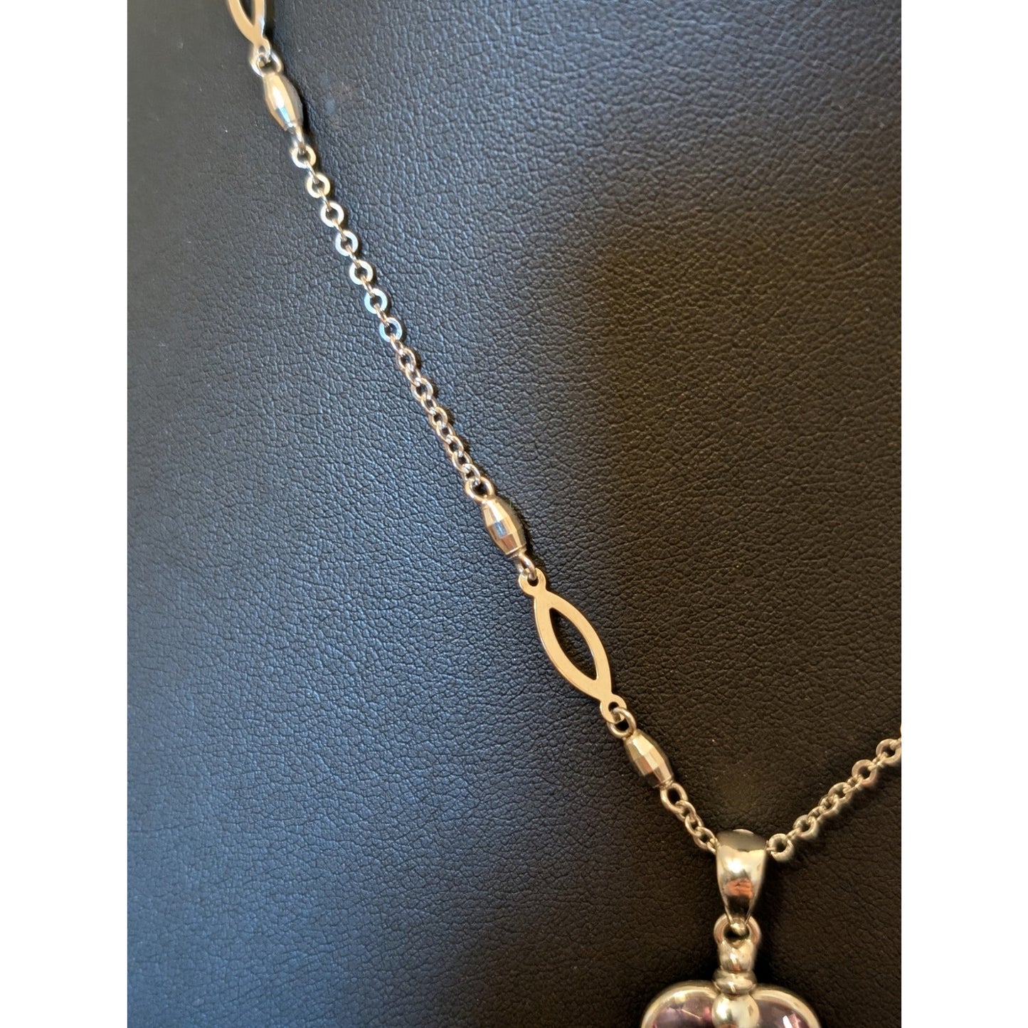 14Kt White Gold Amethyst Heart Pendant Fancy Chain 17" Necklace