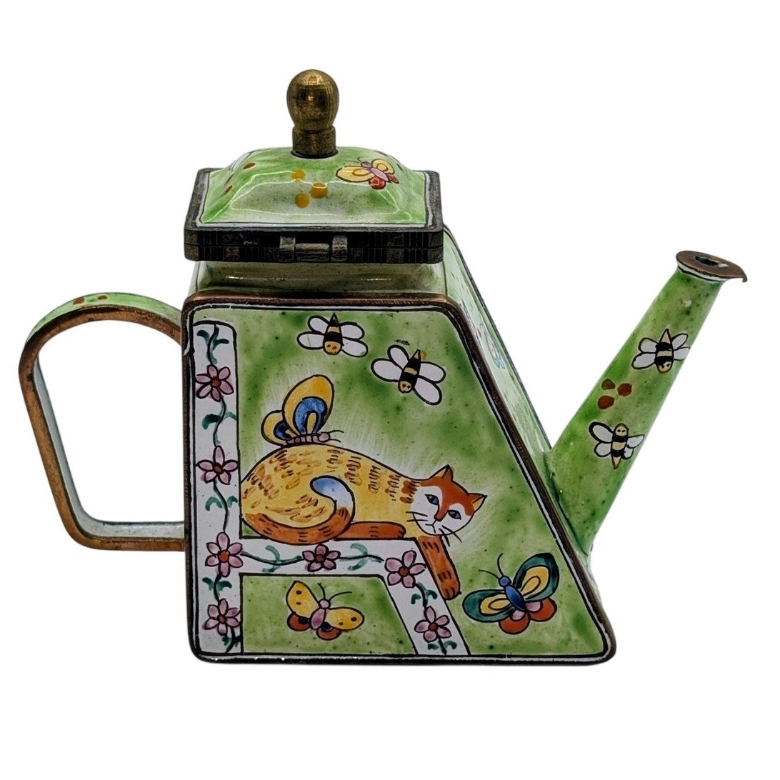 Kelvin Chen Vintage Kitty Catching Butterflies Green Enamel Collectible Teapot