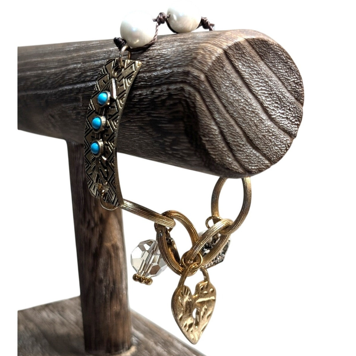 Faux Turquoise Pearl Textured Gold Tone Oval Links & Charms Bracelet
