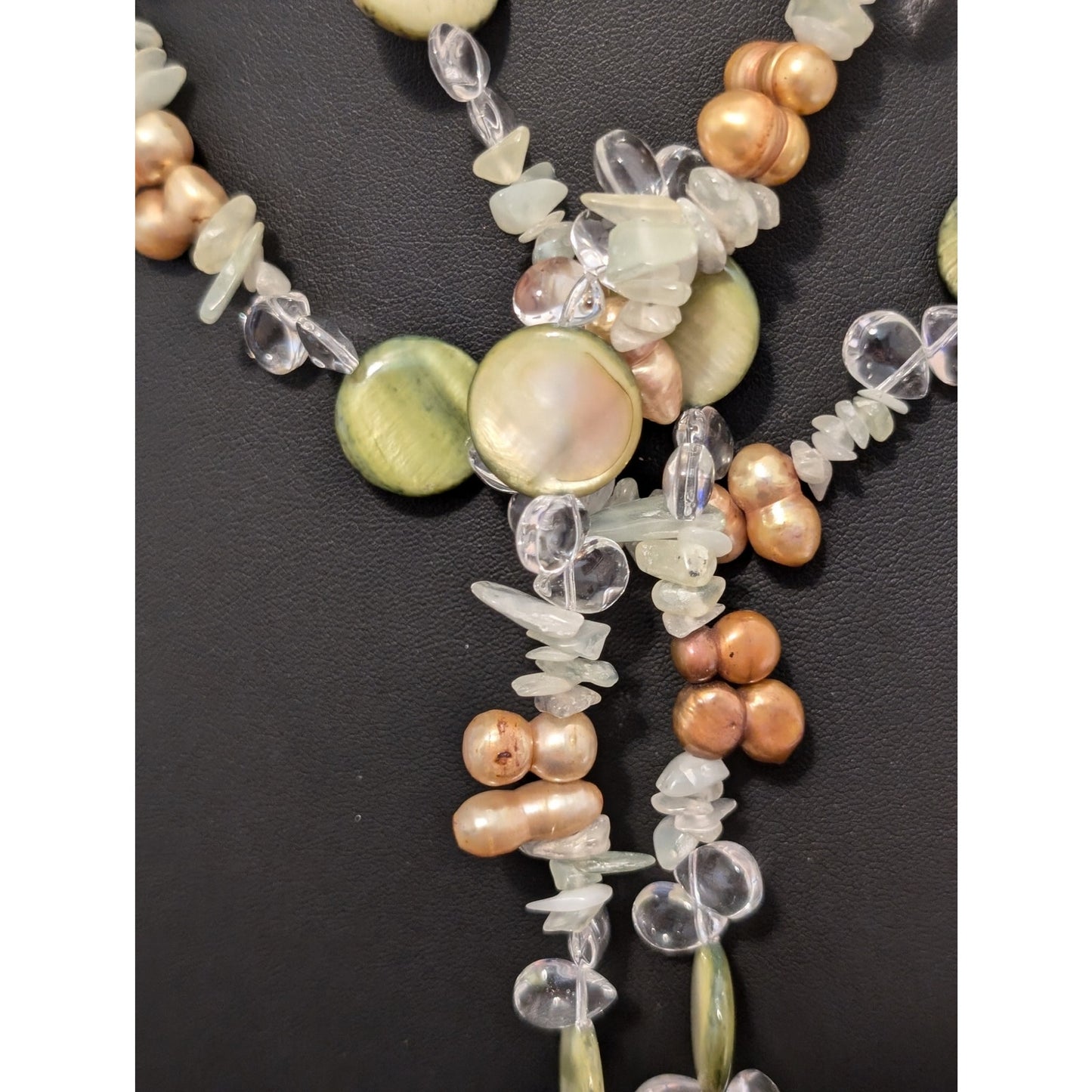 58" Long Green Coin Shell Stone Chip Gold Pearl Glass Teardrop Lariat Necklace