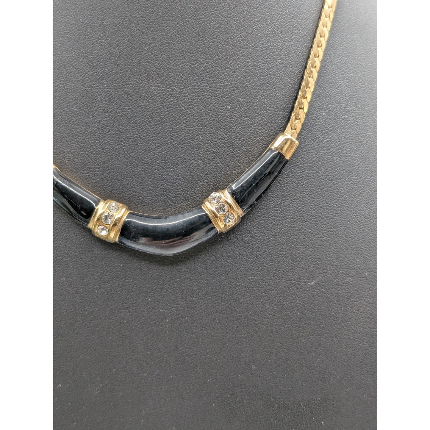 Vintage 1990s Black Enamel Clear Rhinestone Boomerang Gold Tone Classic Necklace