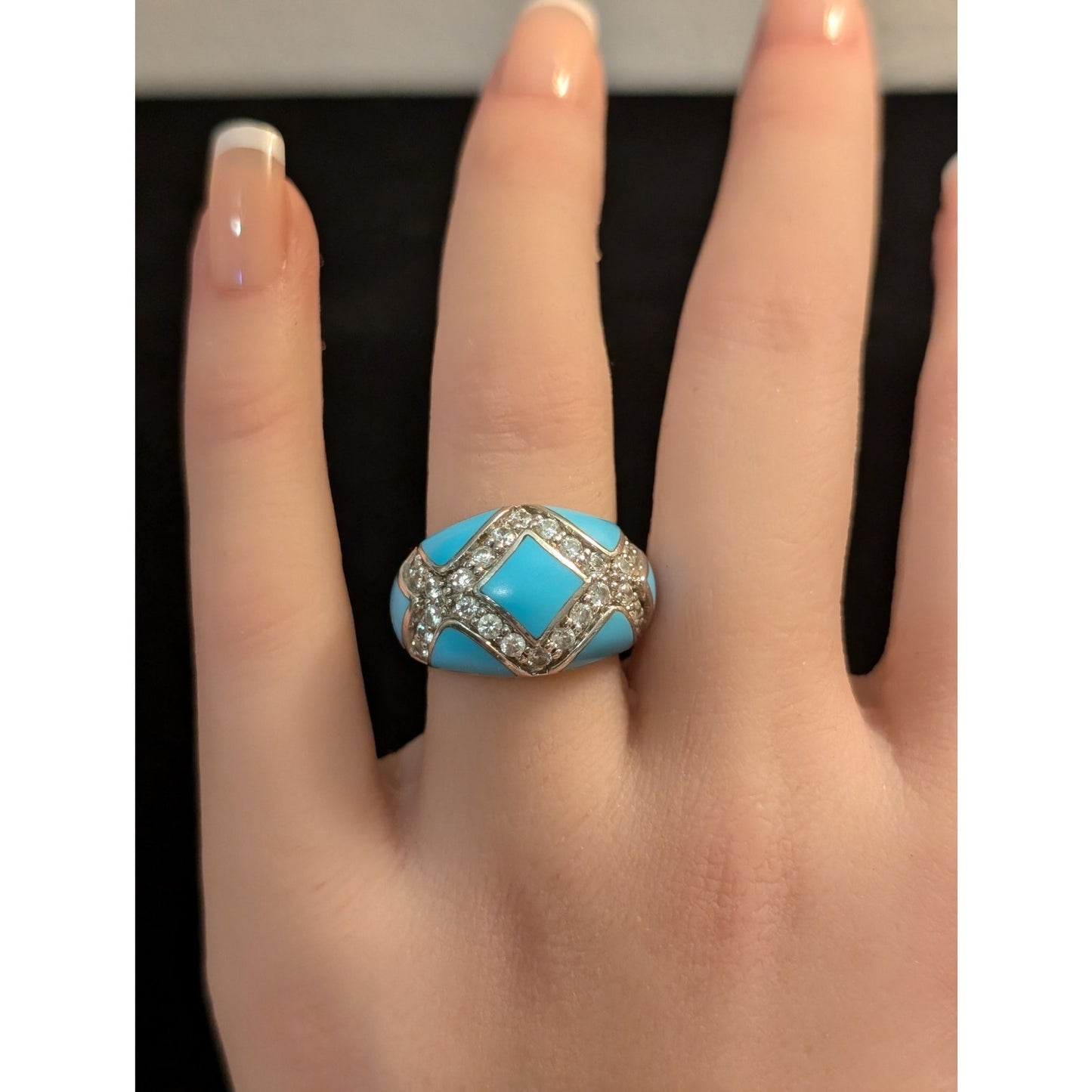 Turquoise Enamel & Pave Set Criss Cross CZ Sterling Silver Domed Ring Size 6.75