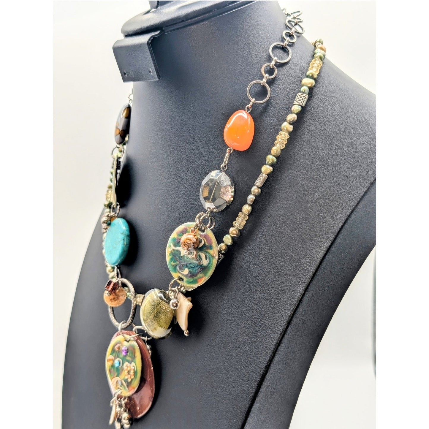 Green Freshwater Pearl Crystal Toggle Necklace & Beaded Fun Costume Necklace