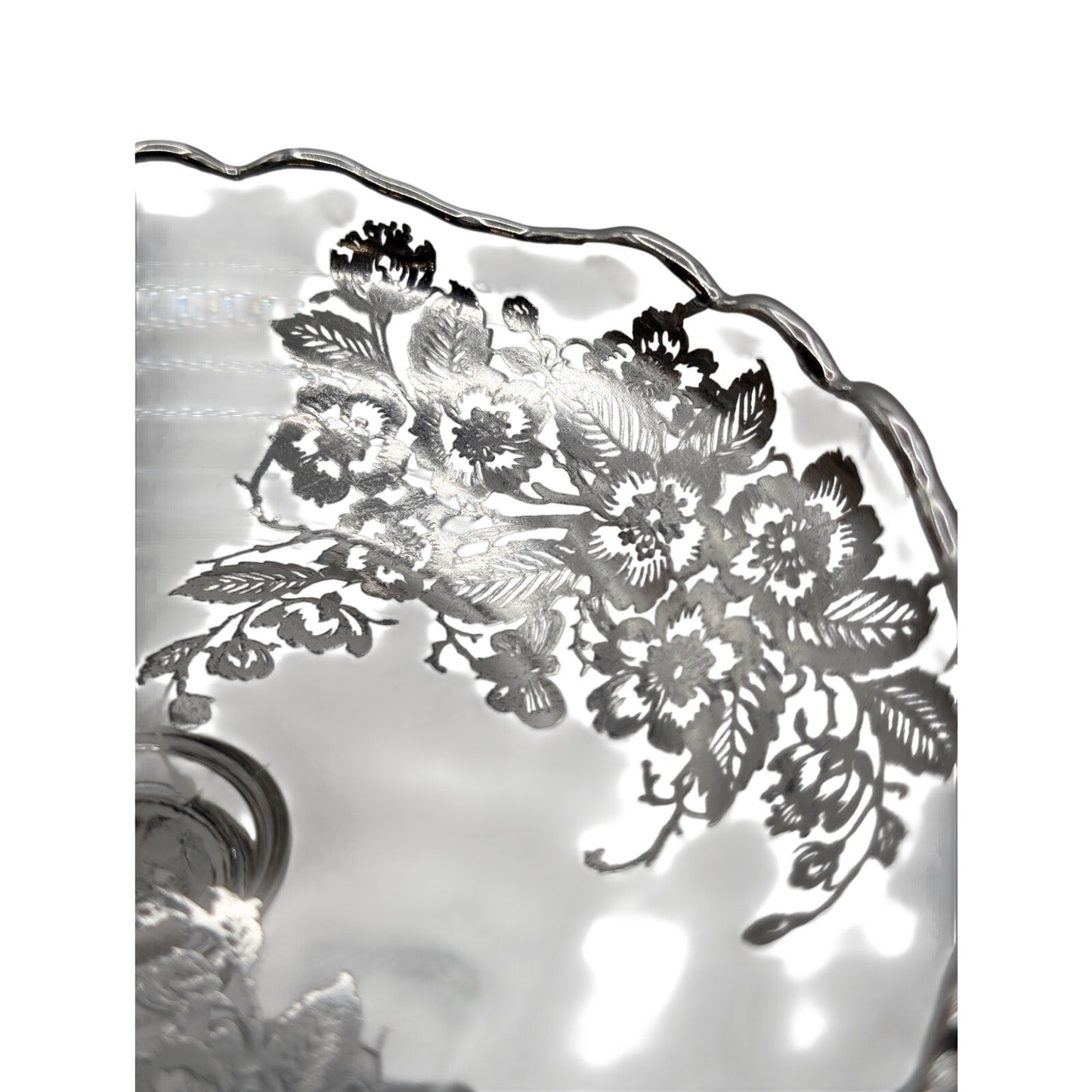 Vintage Clear Glass Compote W/ Silver Overlay Floral Design