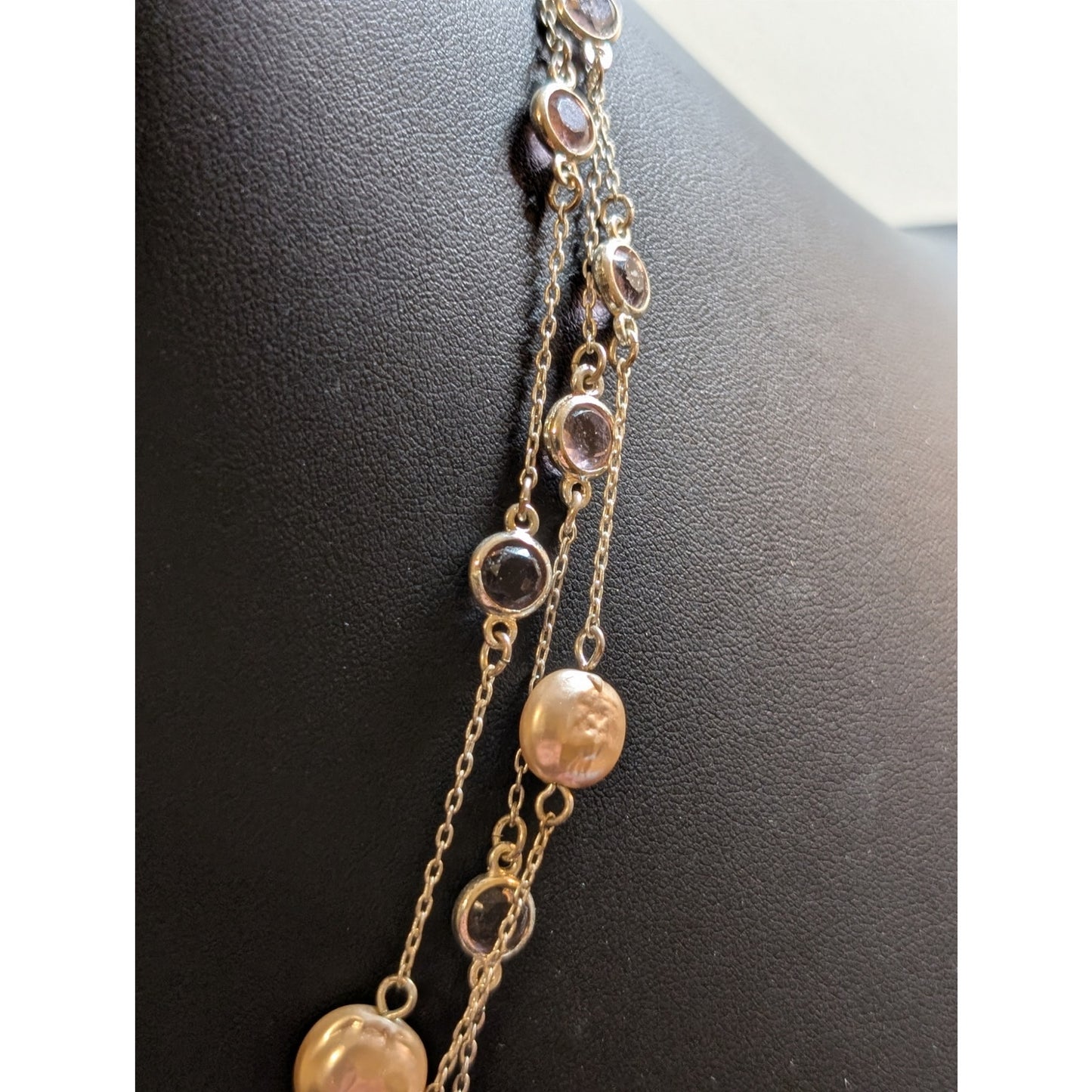 Silver Tone Pink Faux Pearl Pink Crystal Three Strand 16.5"-18.5" Necklace