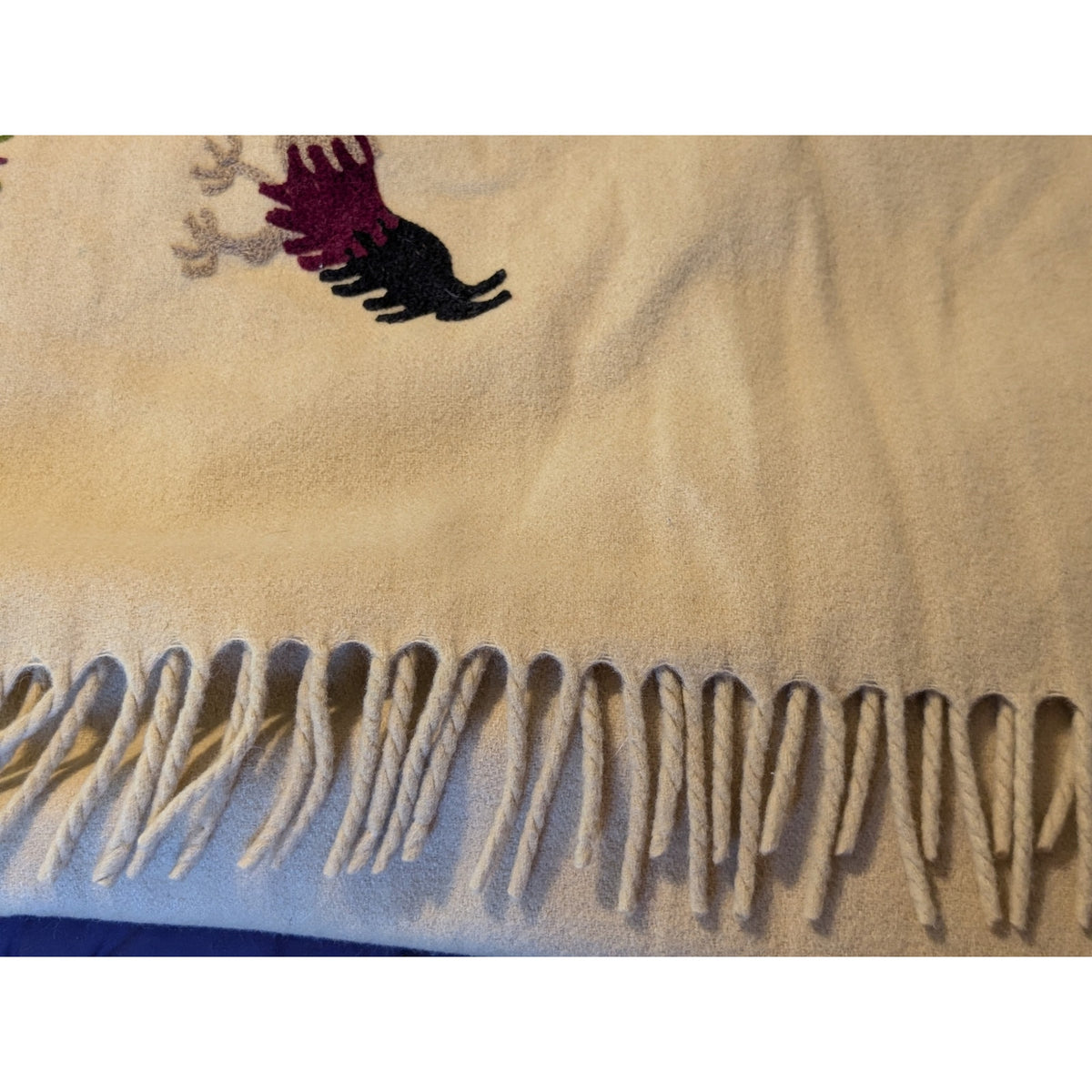 Vintage Tan Burgundy Black White 100% Wool Rooster Throw Blanket 54" X 70