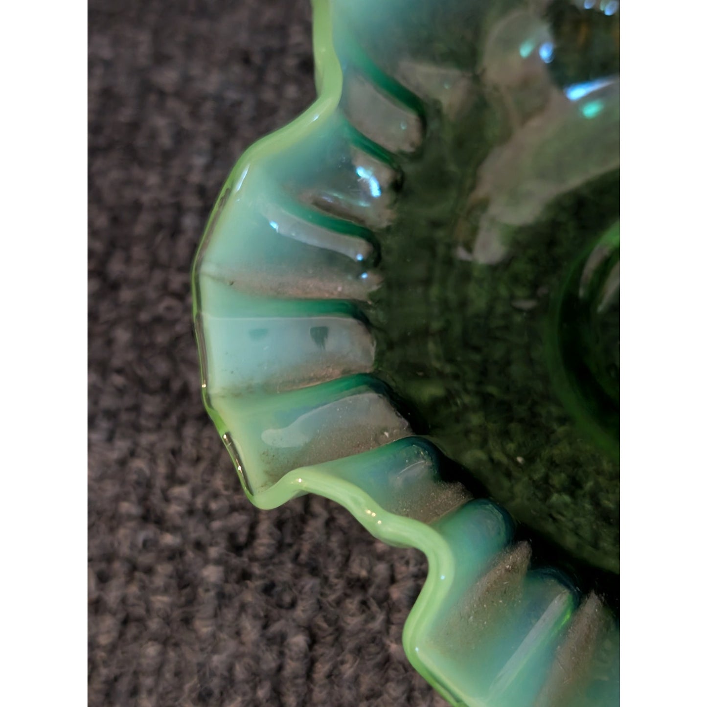Vintage Green Opalescent Ruffled Edge Fenton Art Glass Bowl -- Read Description