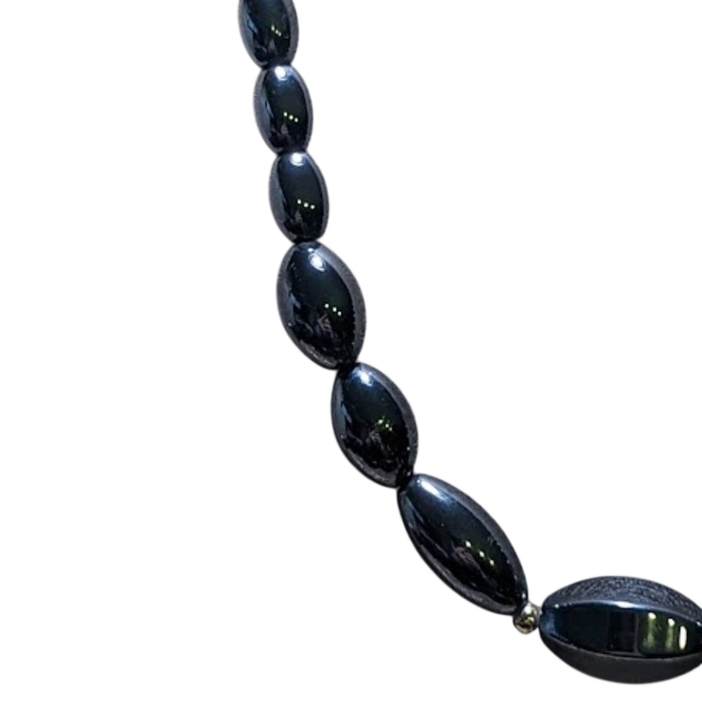 Vintage Graduated Hematite and Gold Toned Bead Necklace with Barrel Clasp.