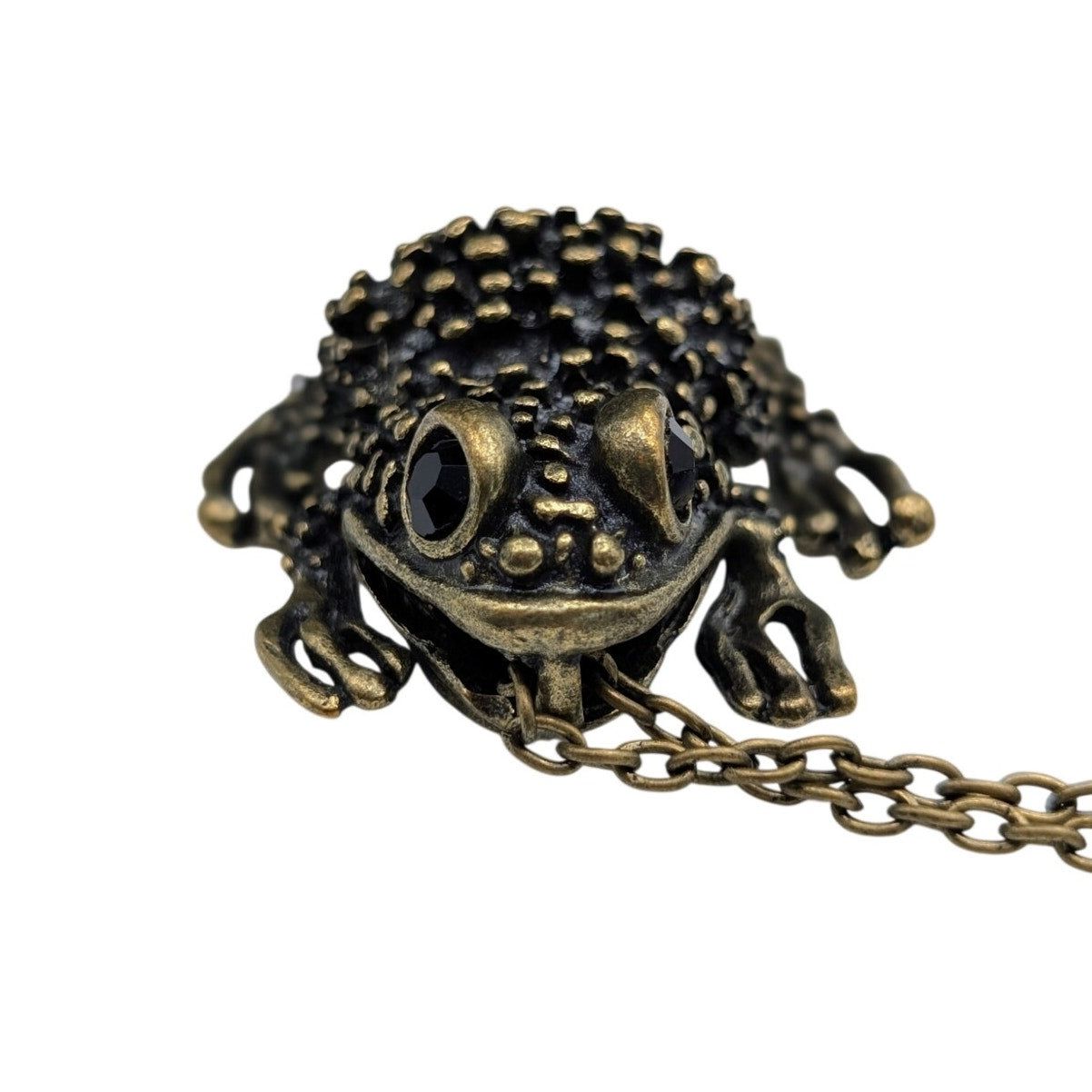 Antiqued Bronze Black Crystal Eye Metal Frog Pendant 30" Chain Necklace