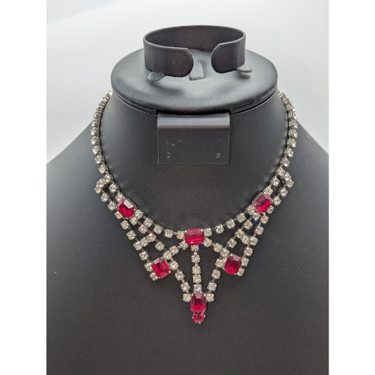 Vintage Red Ruby & Clear Rhinestone Collar Hook 15" Silver Tone Collar Necklace