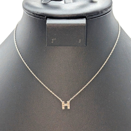 Vintage 14K White Gold 6 Diamond Letter 'H' Chain Necklace W/ Spring Ring Clasp