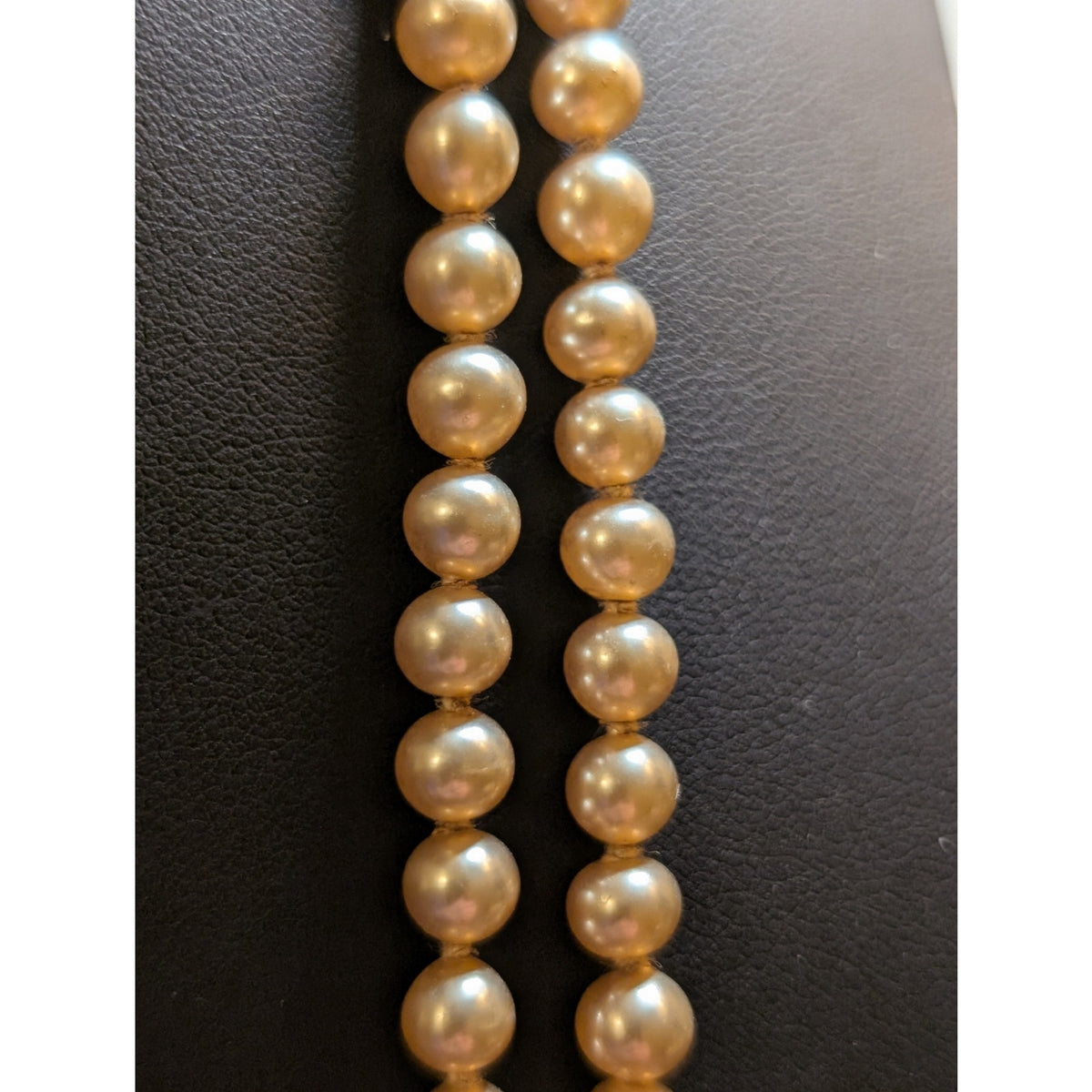 Vintage 58" Long 5-6mm Faux Champagne Pearl Rhinestone Slide In Clasp Necklace