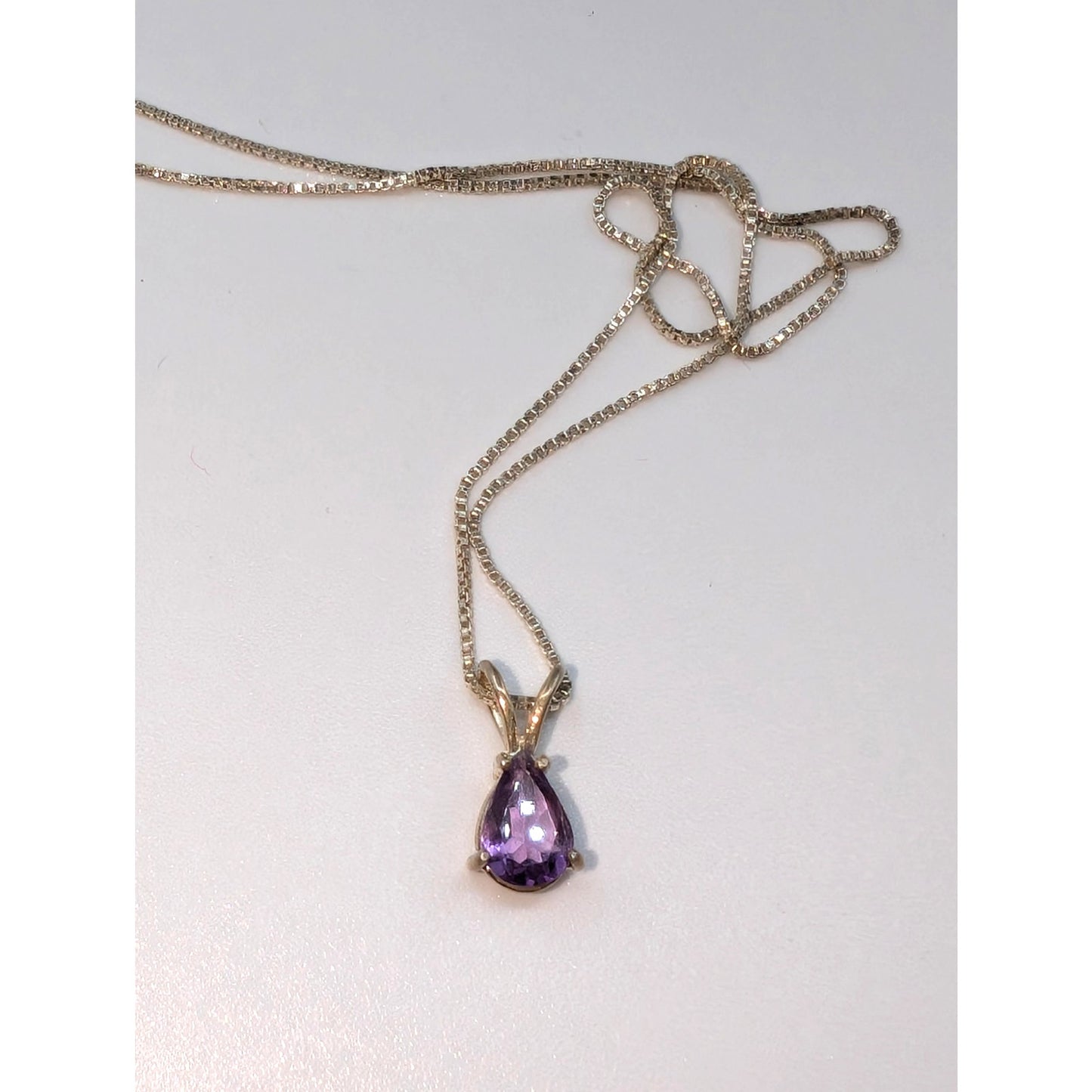 Vintage 925 Sterling Silver Purple Spinel Teardrop Pendant Box Chain Necklace