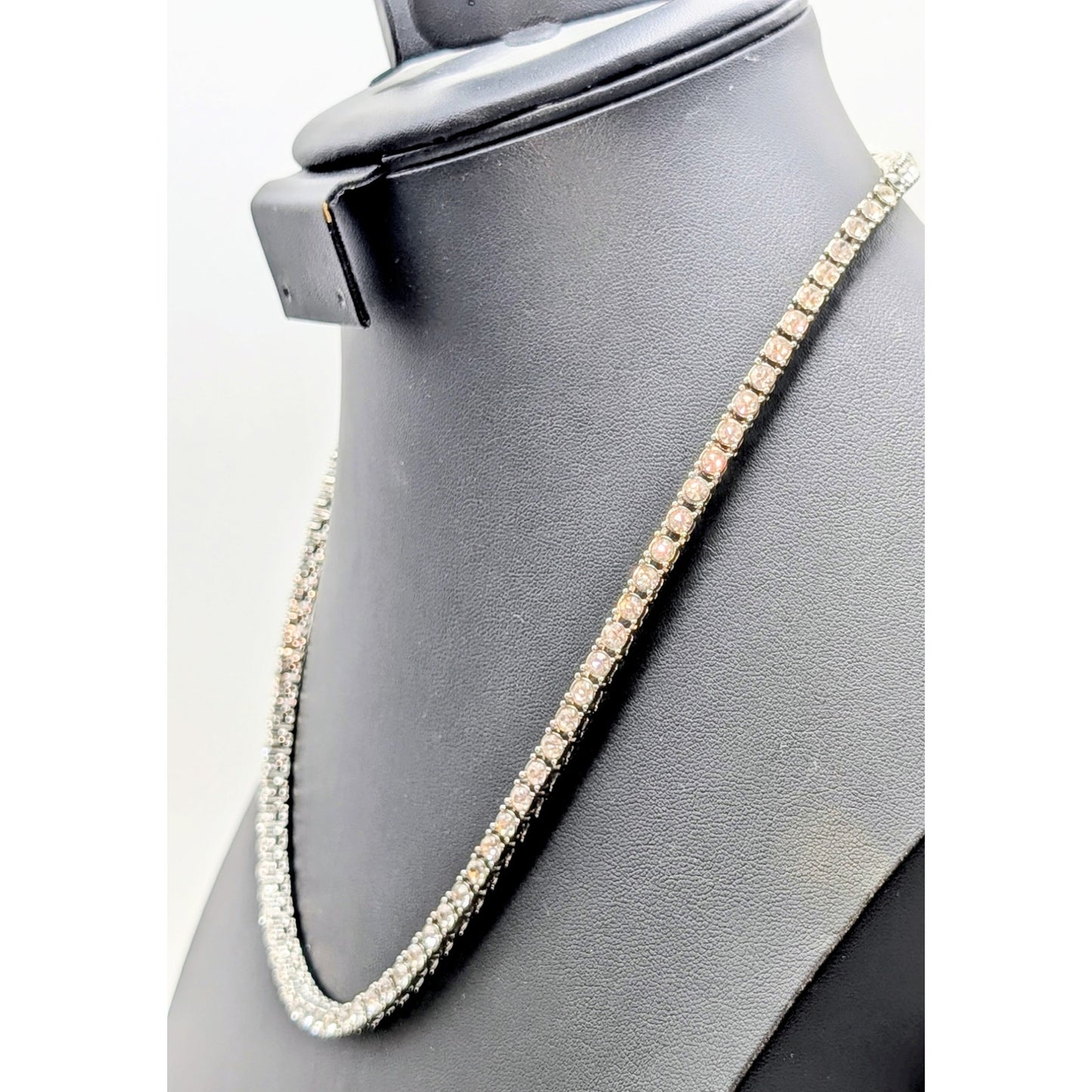 Vintage Silver Tone Rhinestone Tennis 20.5" Necklace W/ Fold Over Clasp