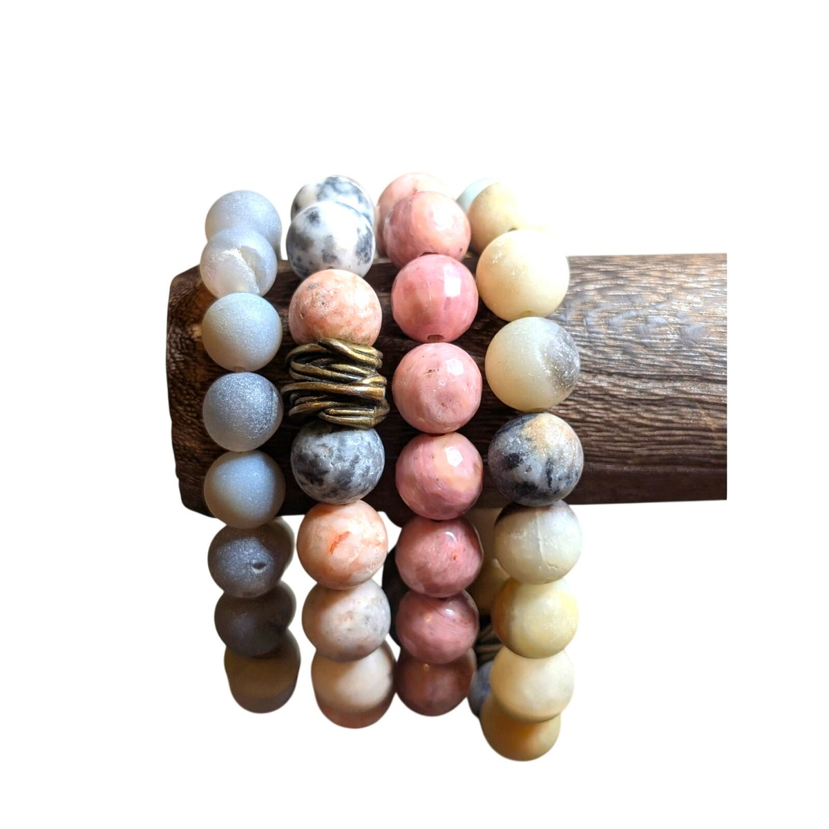 Lot of Four Pink Gray Yellow Stone Bead Stretch Bracelets