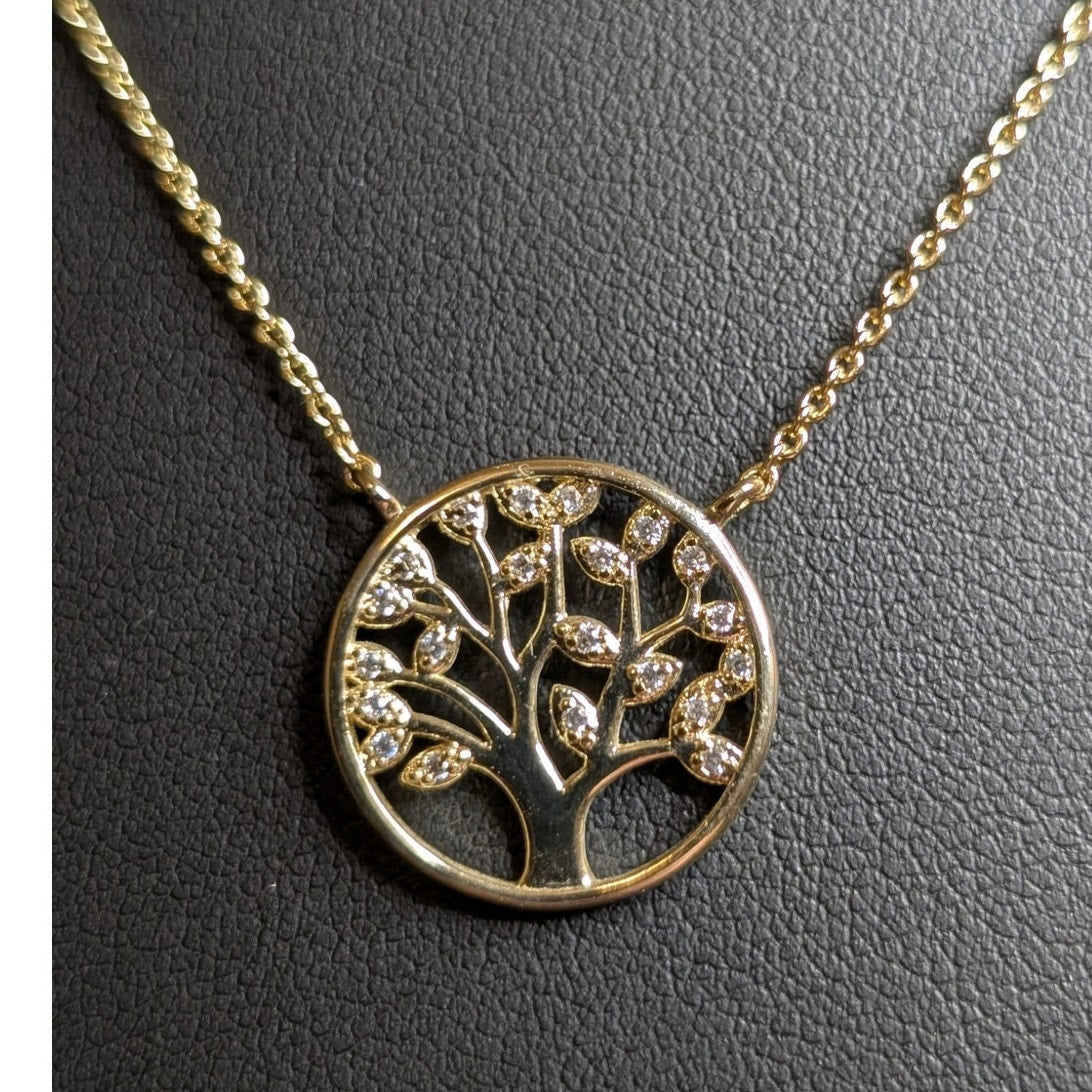 CZ Tree of Life Pendant Necklace in Yellow Vermeil Sterling Silver W/ 18" Chain