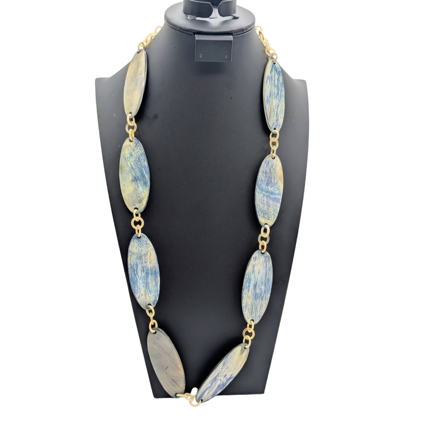 Artisan Created Boho Wood Look Lucite Oval Disk & Loopy Chain 32" Necklace