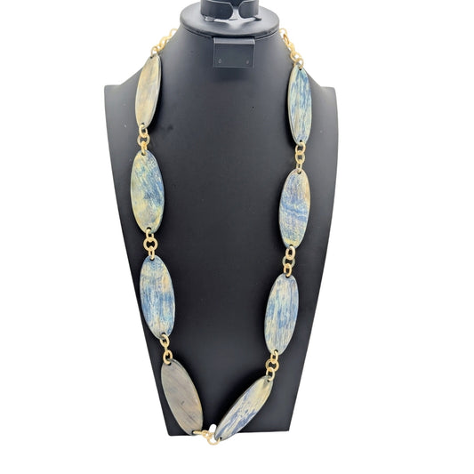 Artisan Created Boho Wood Look Lucite Oval Disk & Loopy Chain 32" Necklace