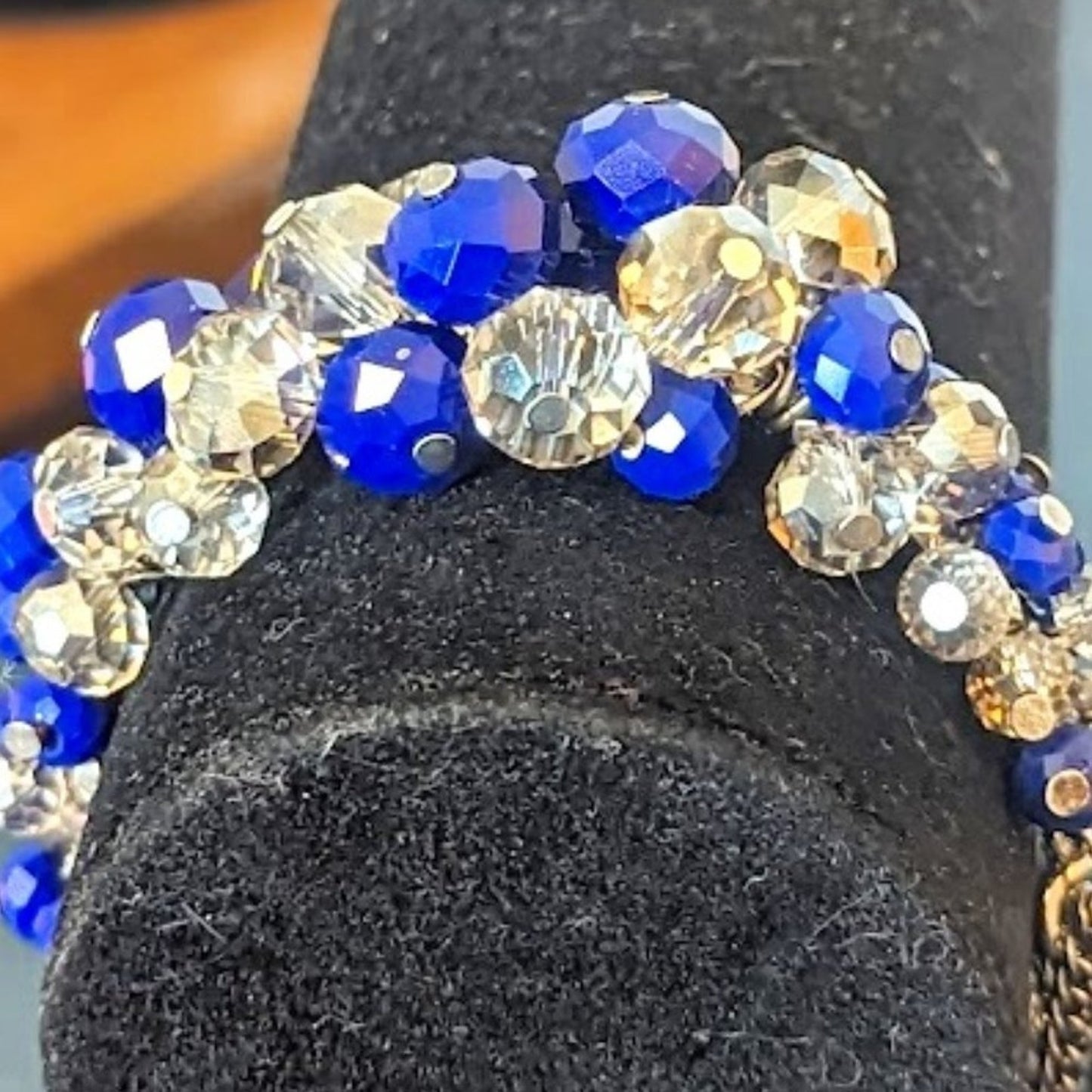 NWT Blue and Smoky Crystal Glass Bead and Multi Chain Stretch Bracelet