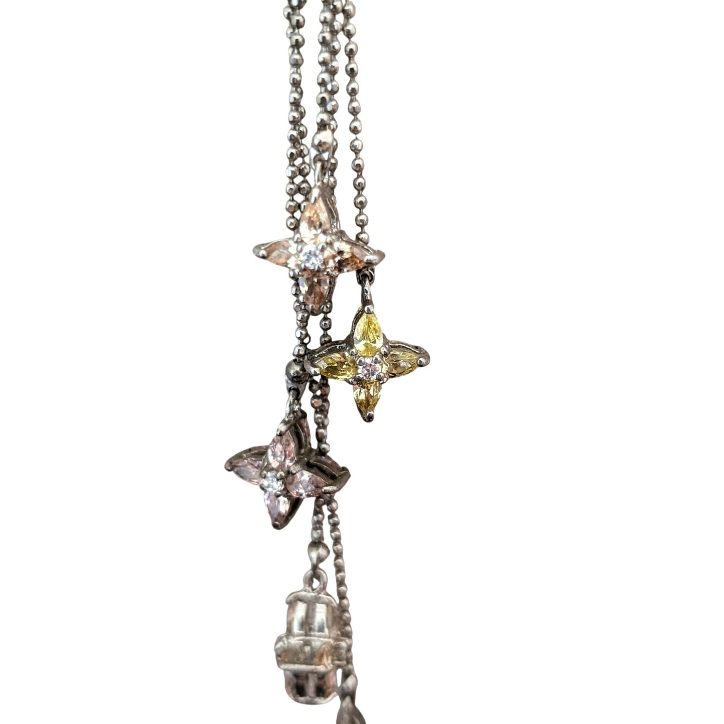 Kiam Family Double Silver Tone Beaded Chain Multi Crystal Star Dangle Necklace