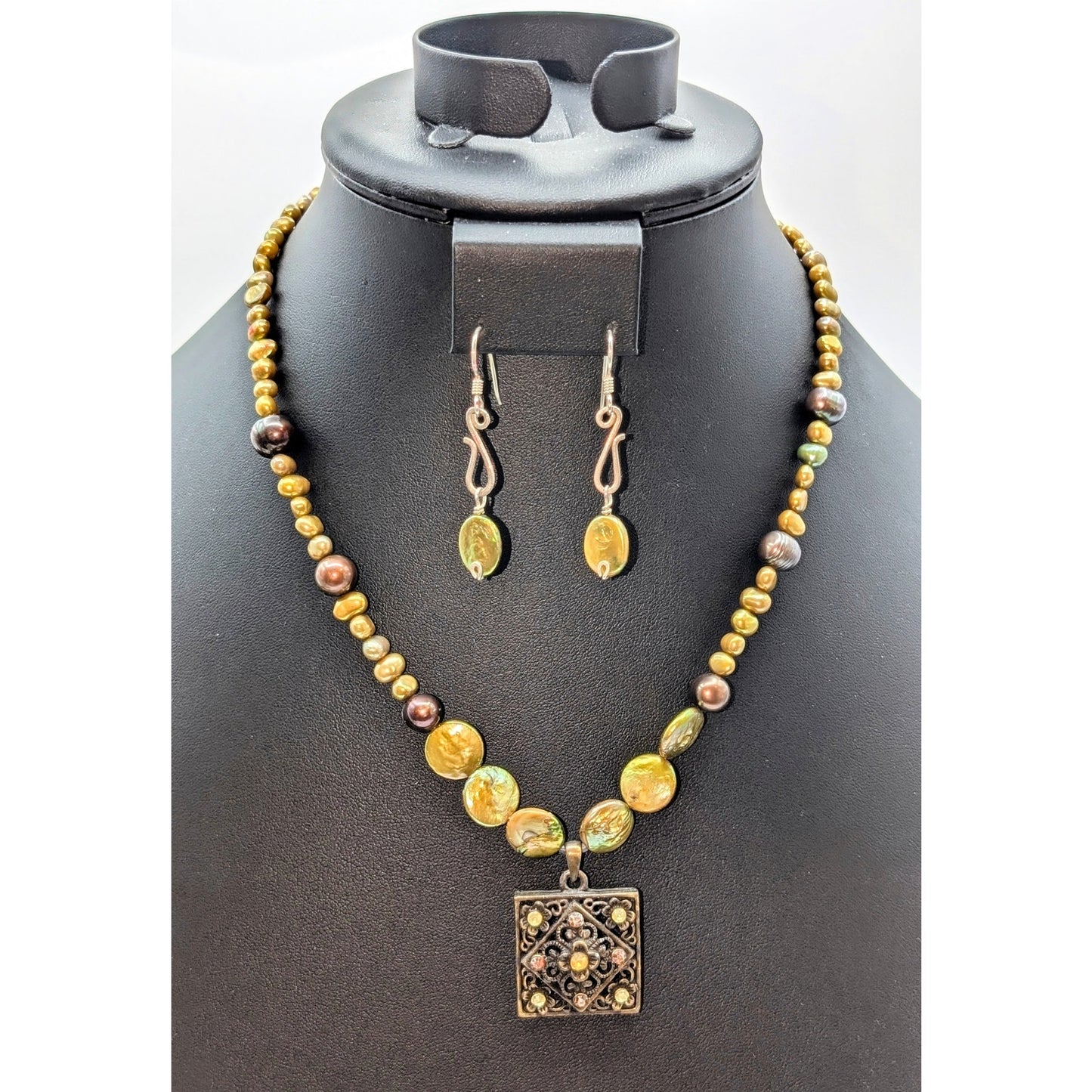 Genuine Green Coin Pearl Antiqued Filigree Square Pendant Necklace & Earring Set