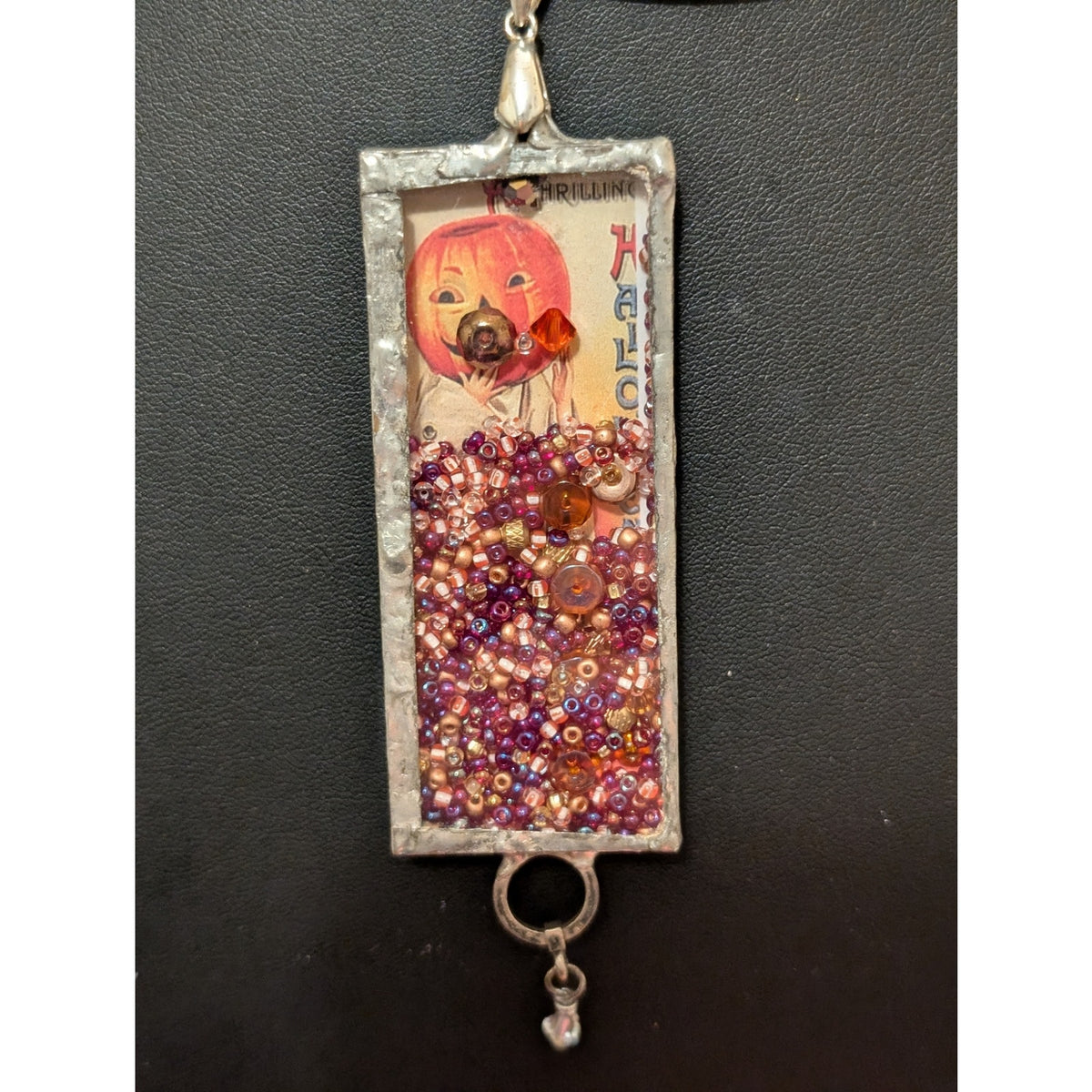 Vtg Christmas c1910 Postcard Jack O Lantern Two-Sided Soldered Pendant Necklace