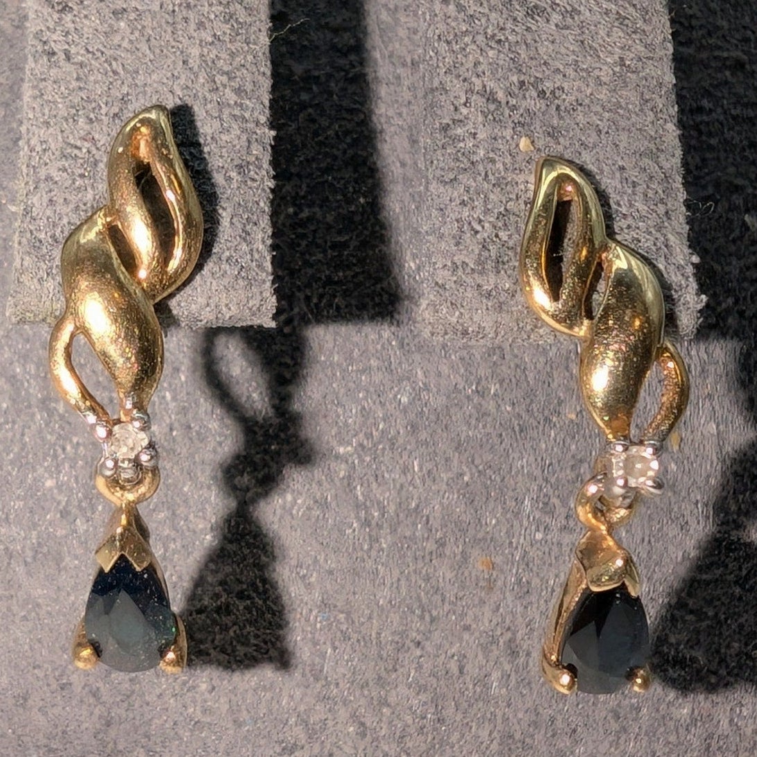 14K Flame Teardrop Sapphire Diamond Drop Pierced Earrings