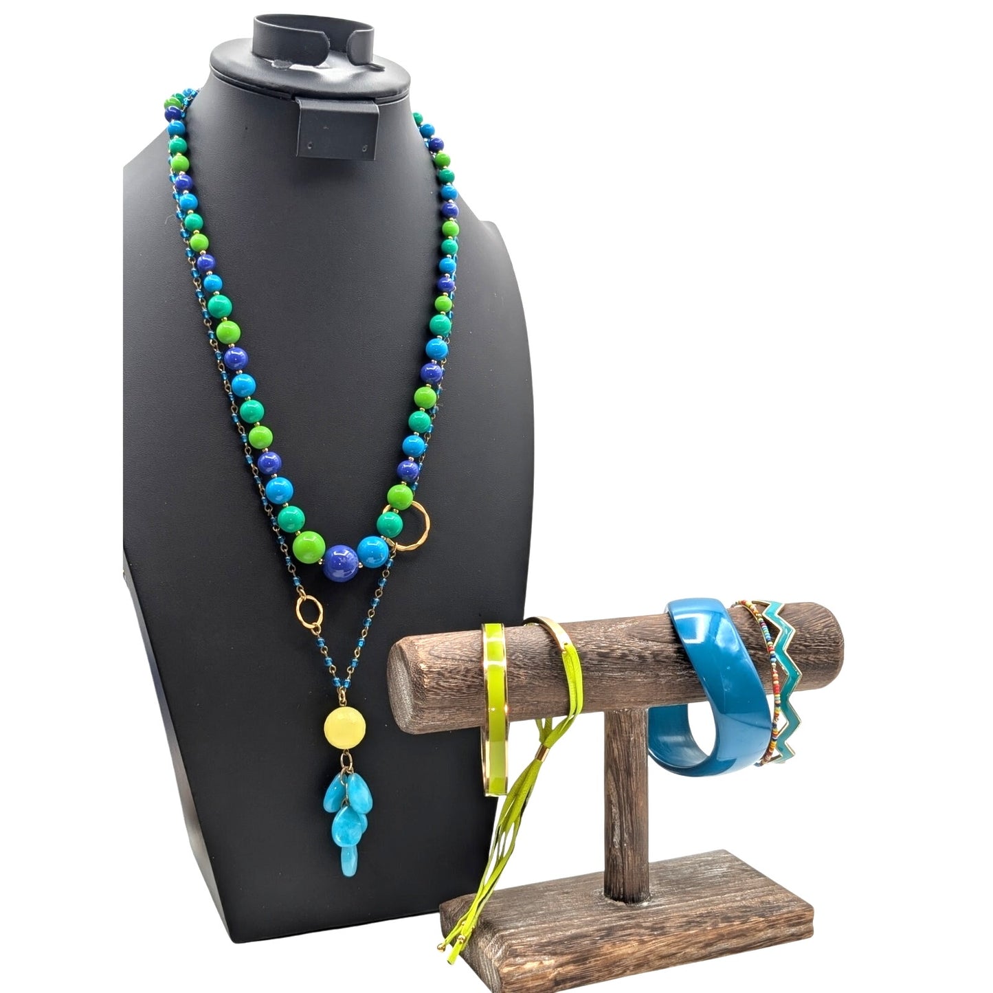 Mixed Lot of Blue Green Theme Jewelry Including 2 Necklaces & 5 Bracelets