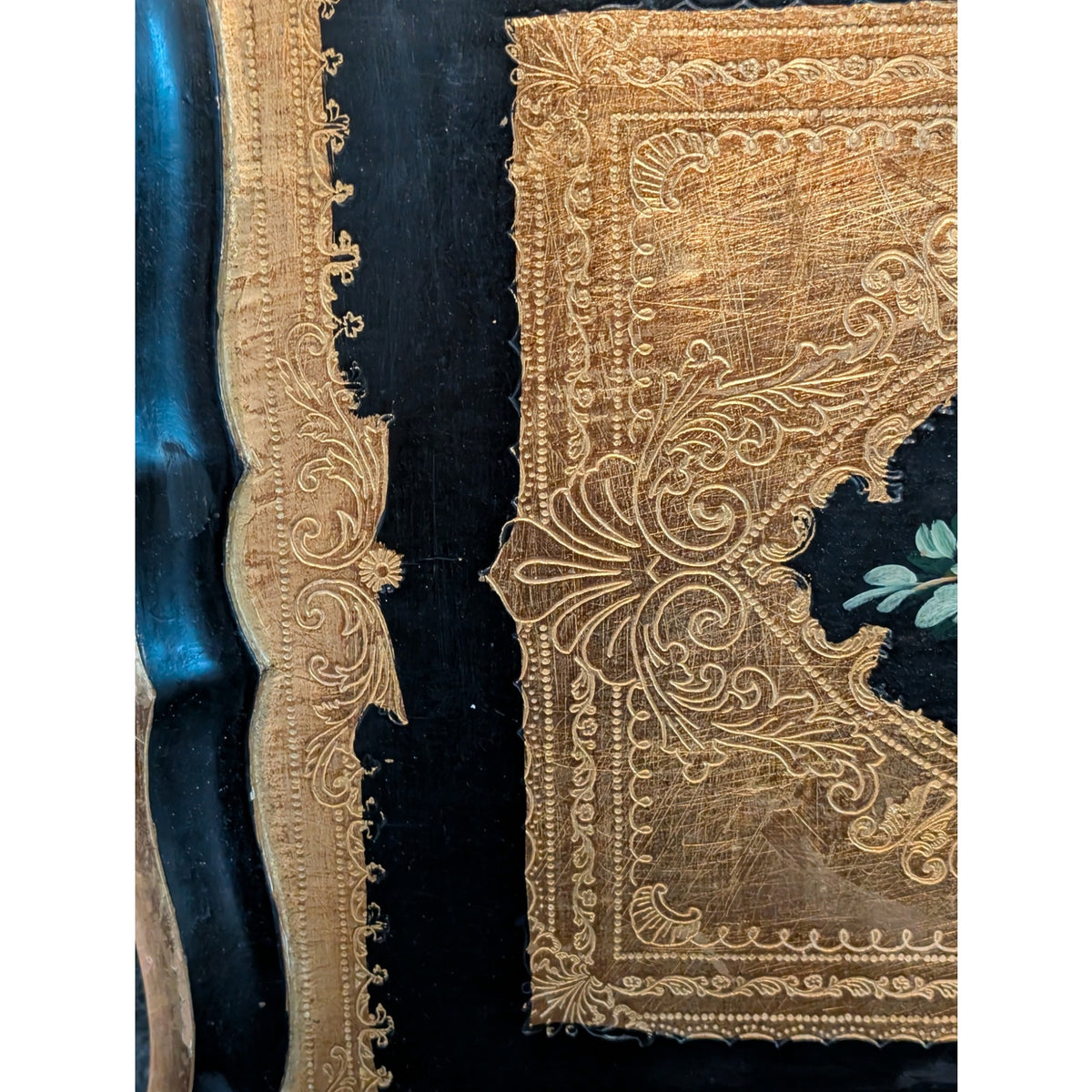 Vintage Italian Florentine Hand Painted Gold and Black Floral 18 X 15 Wood Tray