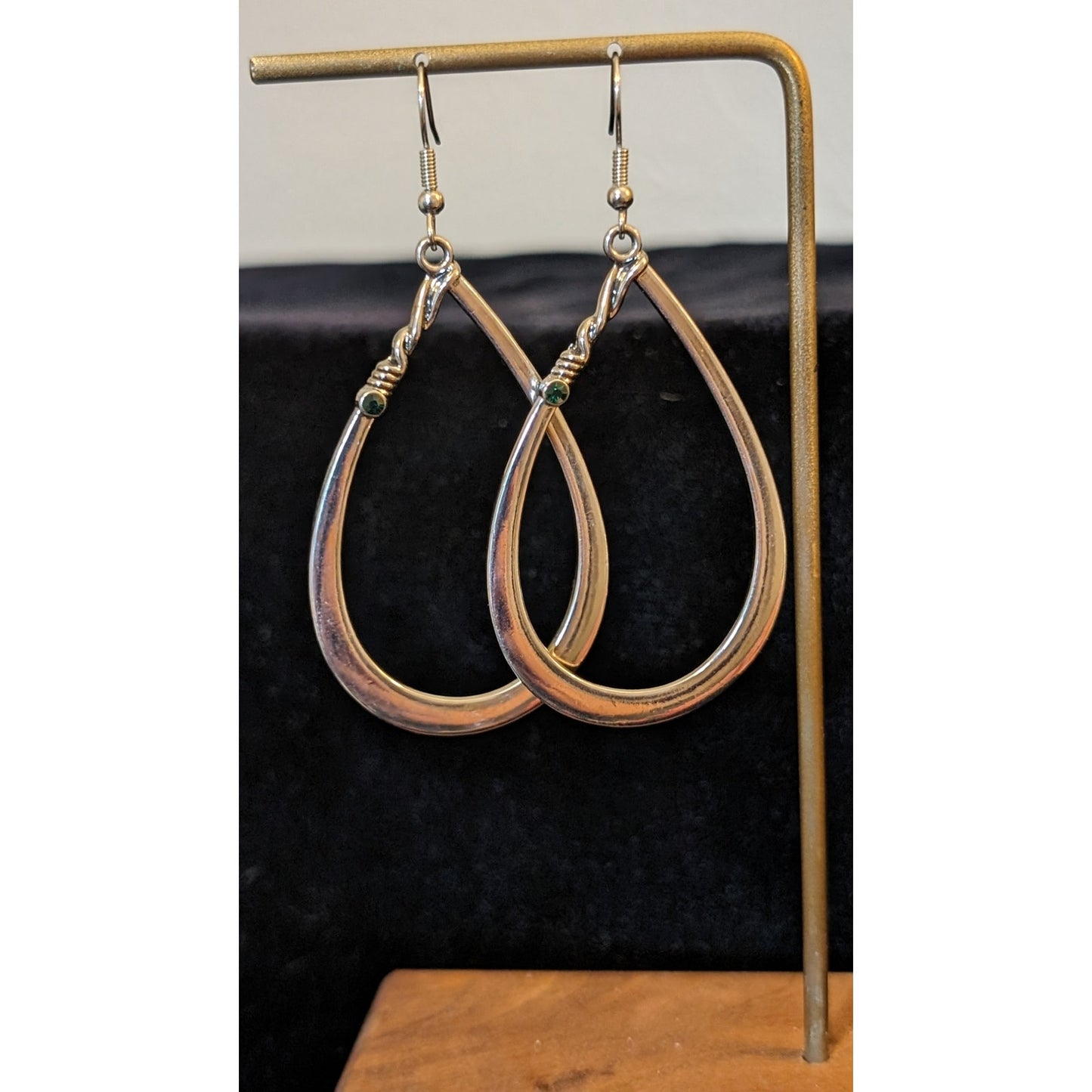 Silver Tone Teardrop 2.25" Dangle Green Crystal Earrings