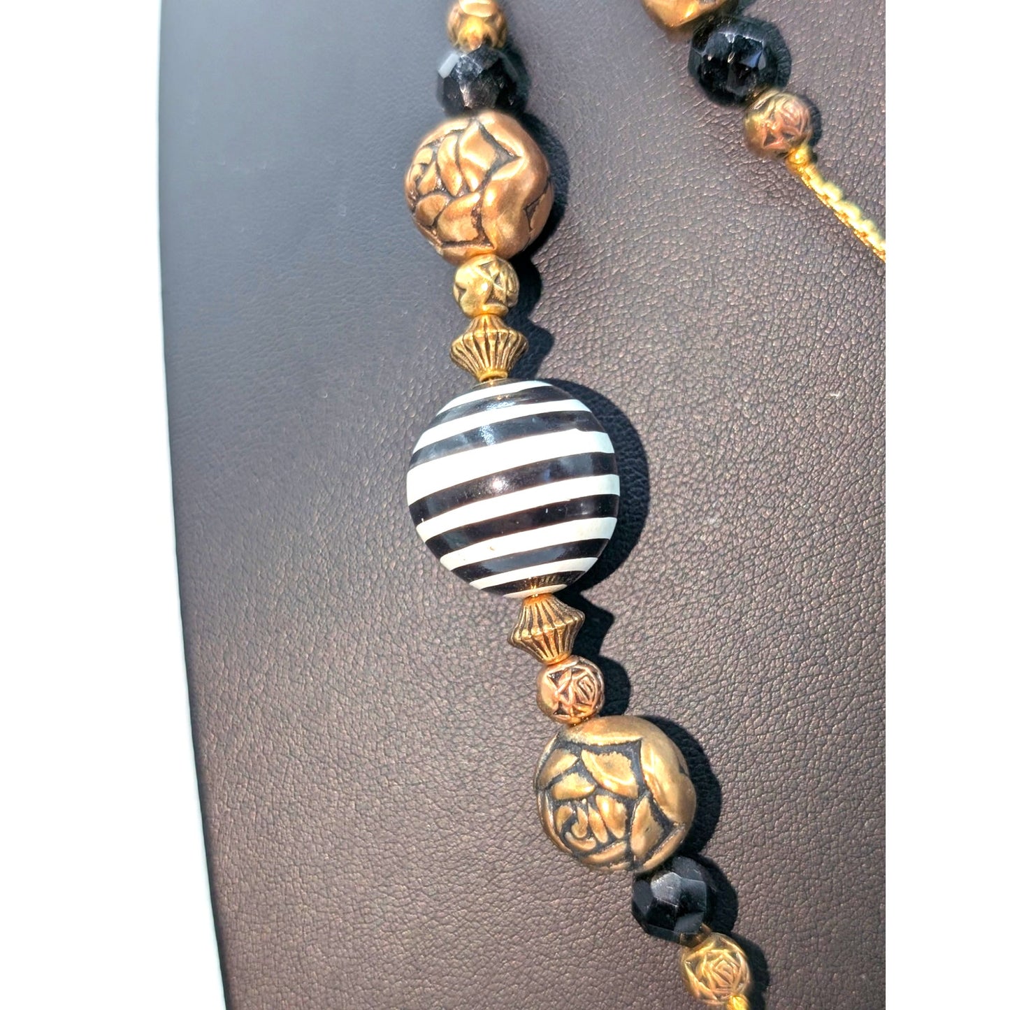 Dabby Reid Black White Striped Gold Tone Beaded Chain 46" Necklace