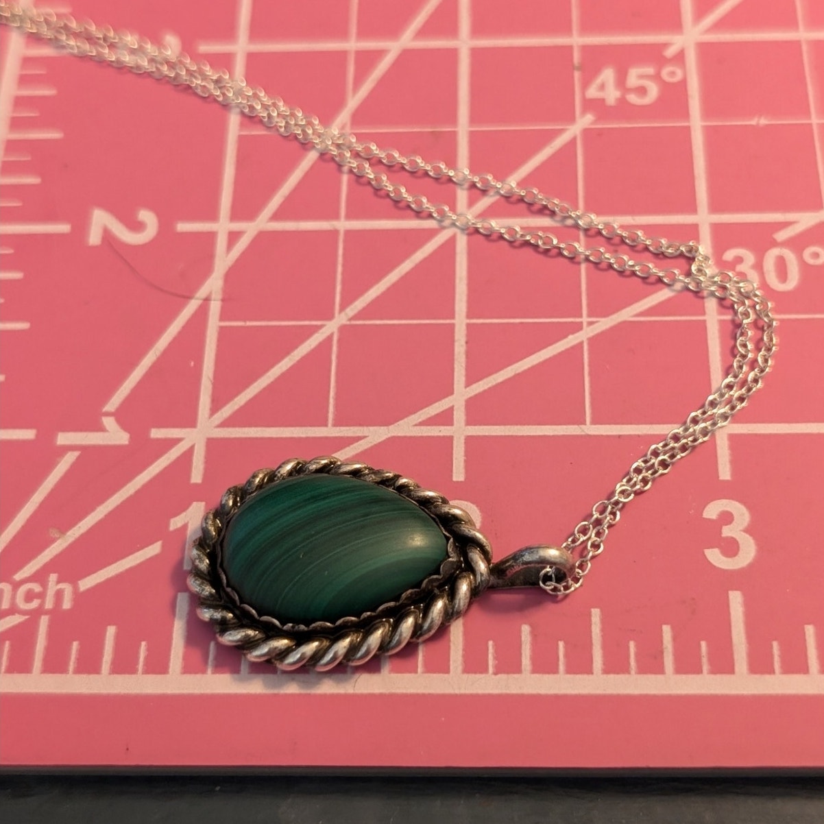 VTG Navajo Fannie Sanchez Signed P. FNE Sterling Malachite Pendant Necklace