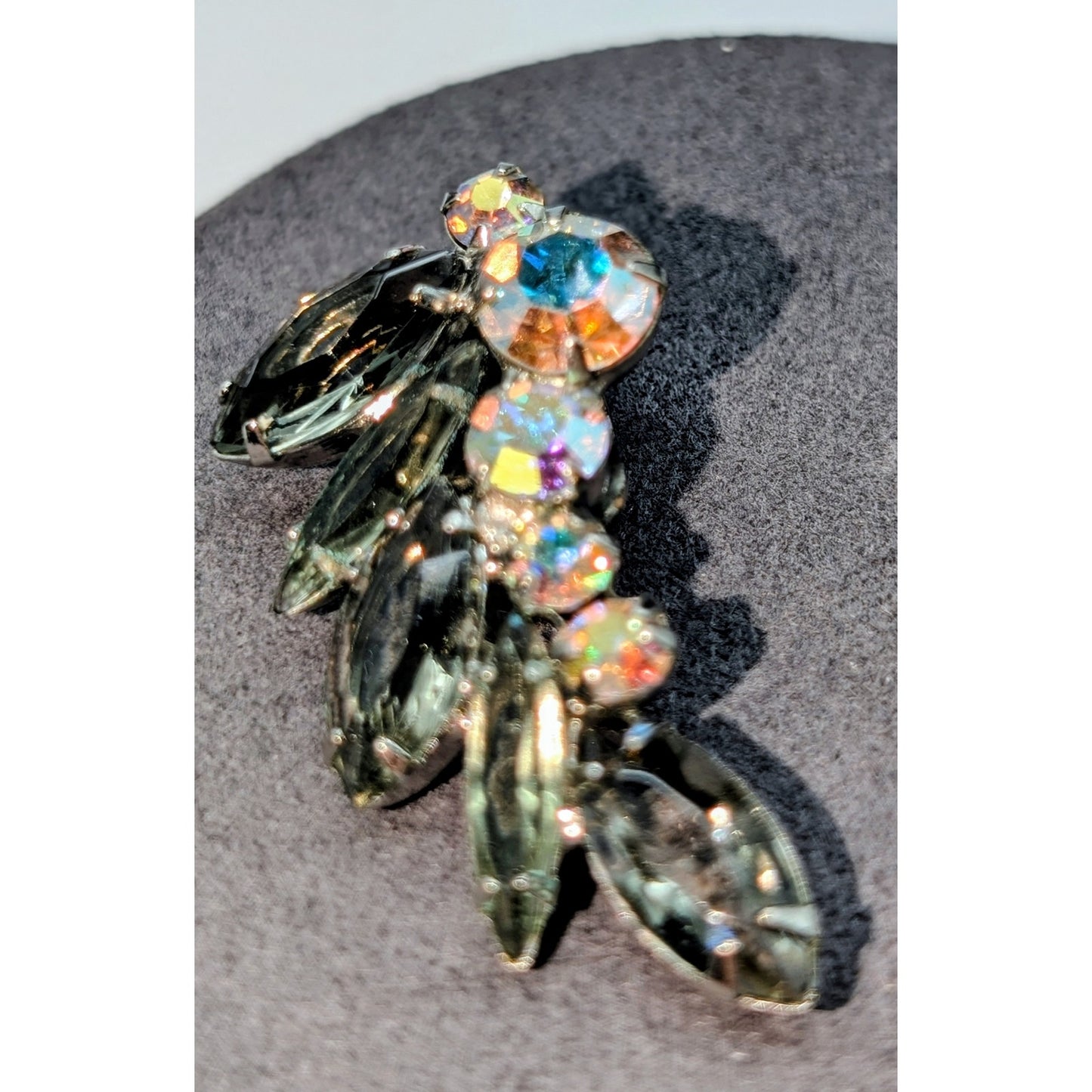VTG Julianna Smoky Gray Marquis & Round Aurora Borealis Rhinestone Clip Earrings