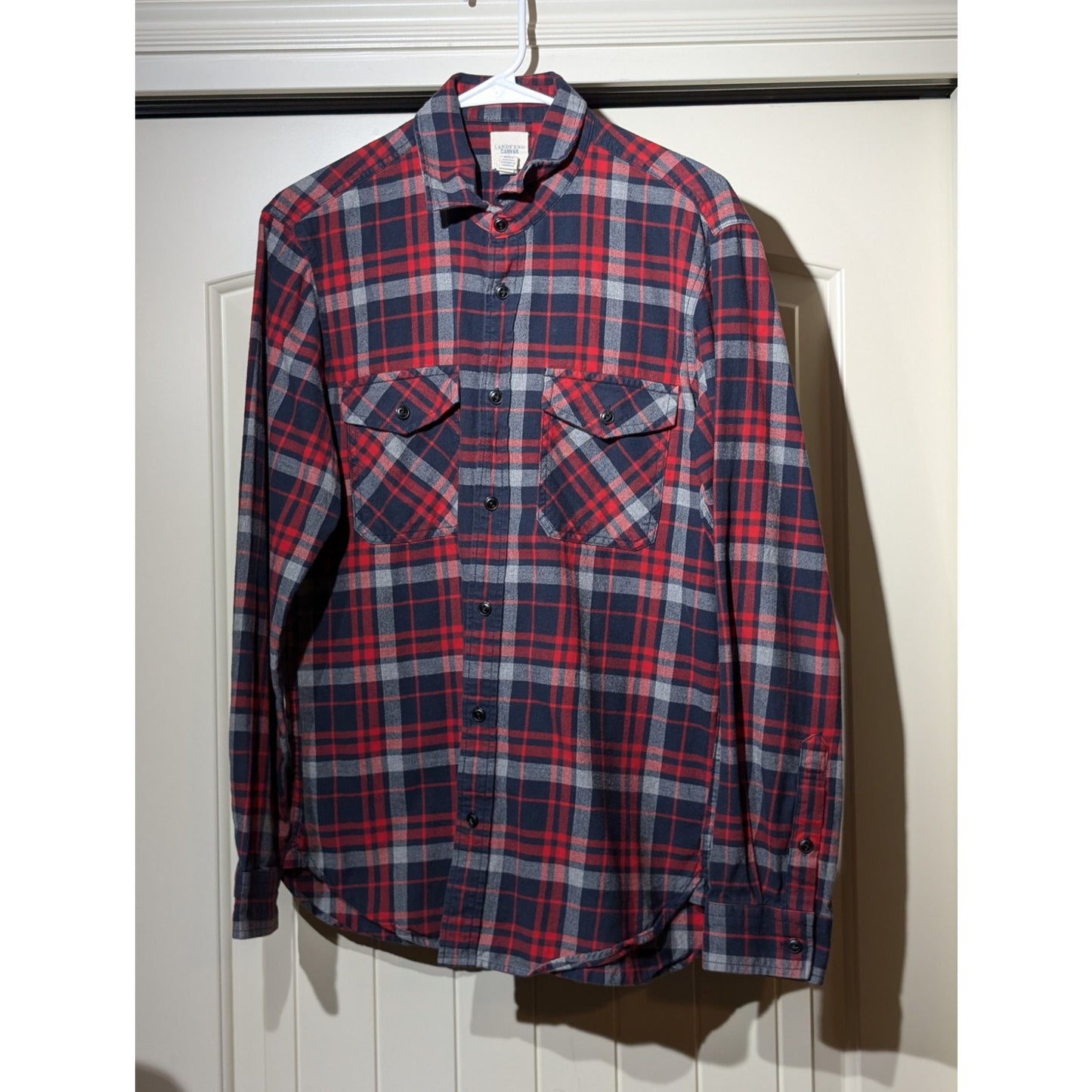 Lands' End Canvas Cotton Red Navy Plaid Pocket Flannel Button Up Shirt Mens M