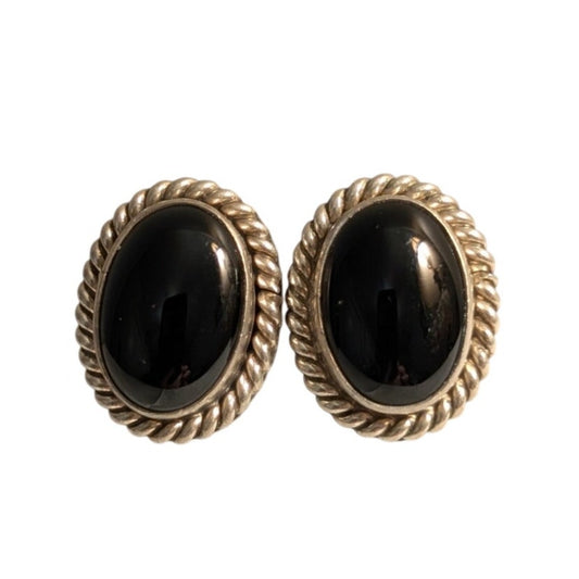 VTG Native American Signed RRT Sterling Silver Onyx Rope Design Post Earrings
